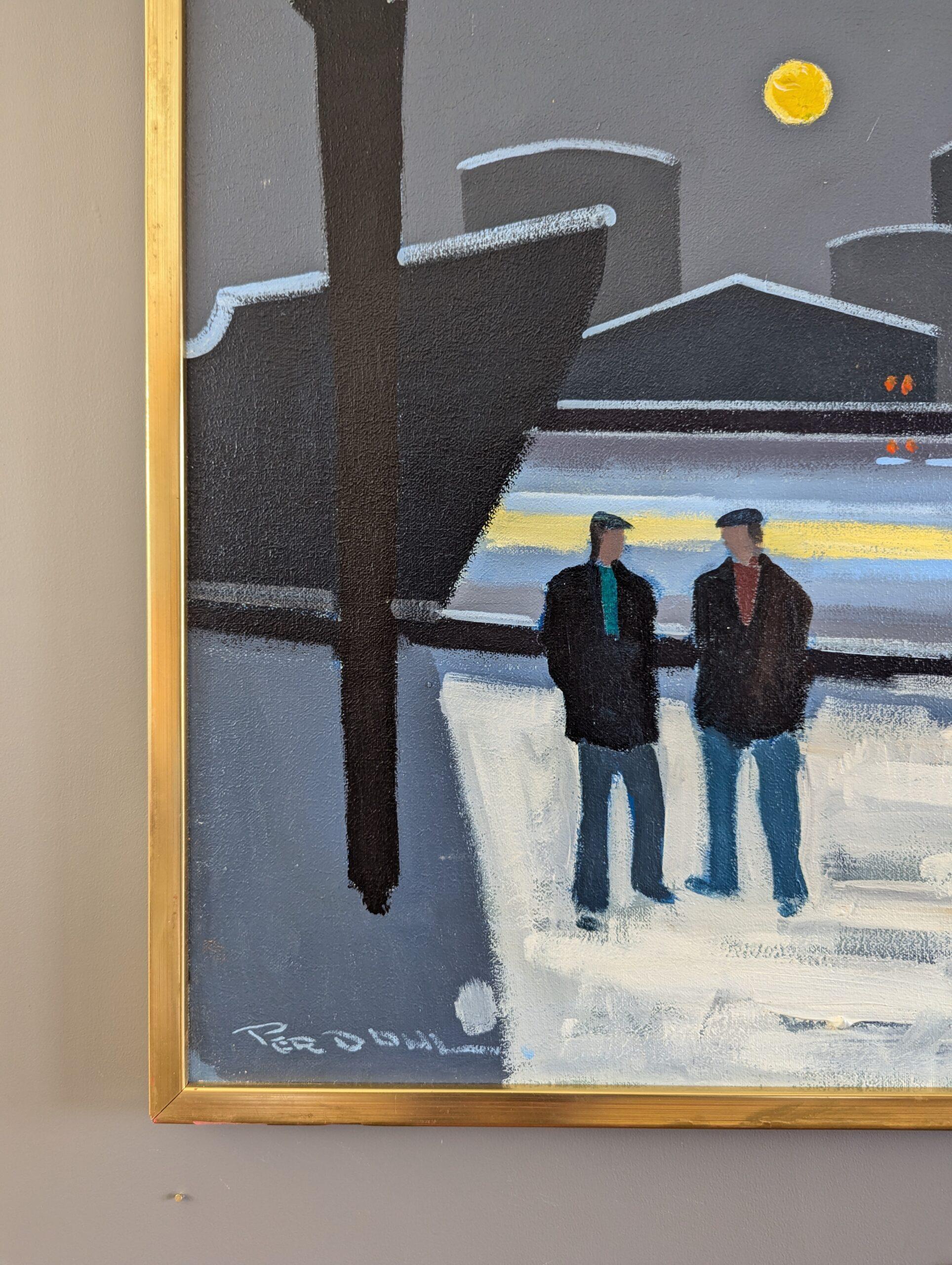 Vintage Mid-Century Modern Harbour Landscape Oil Painting - Boats by Moonlight For Sale 6