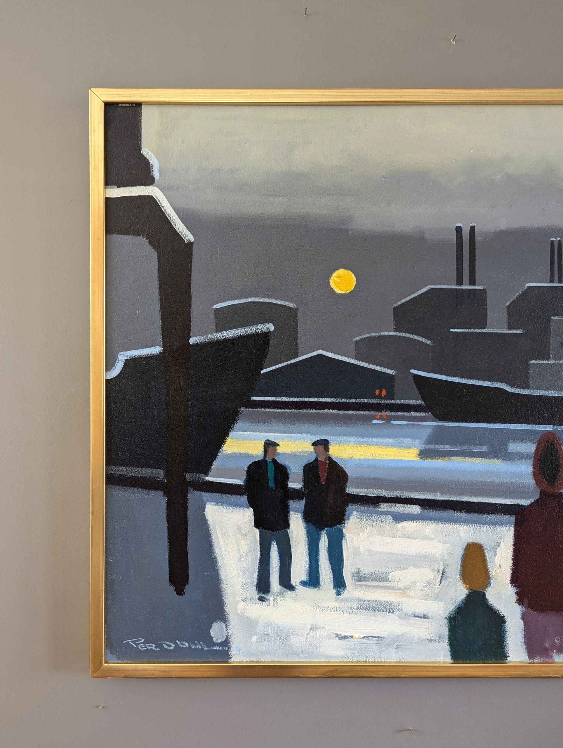 Vintage Mid-Century Modern Harbour Landscape Oil Painting - Boats by Moonlight For Sale 7