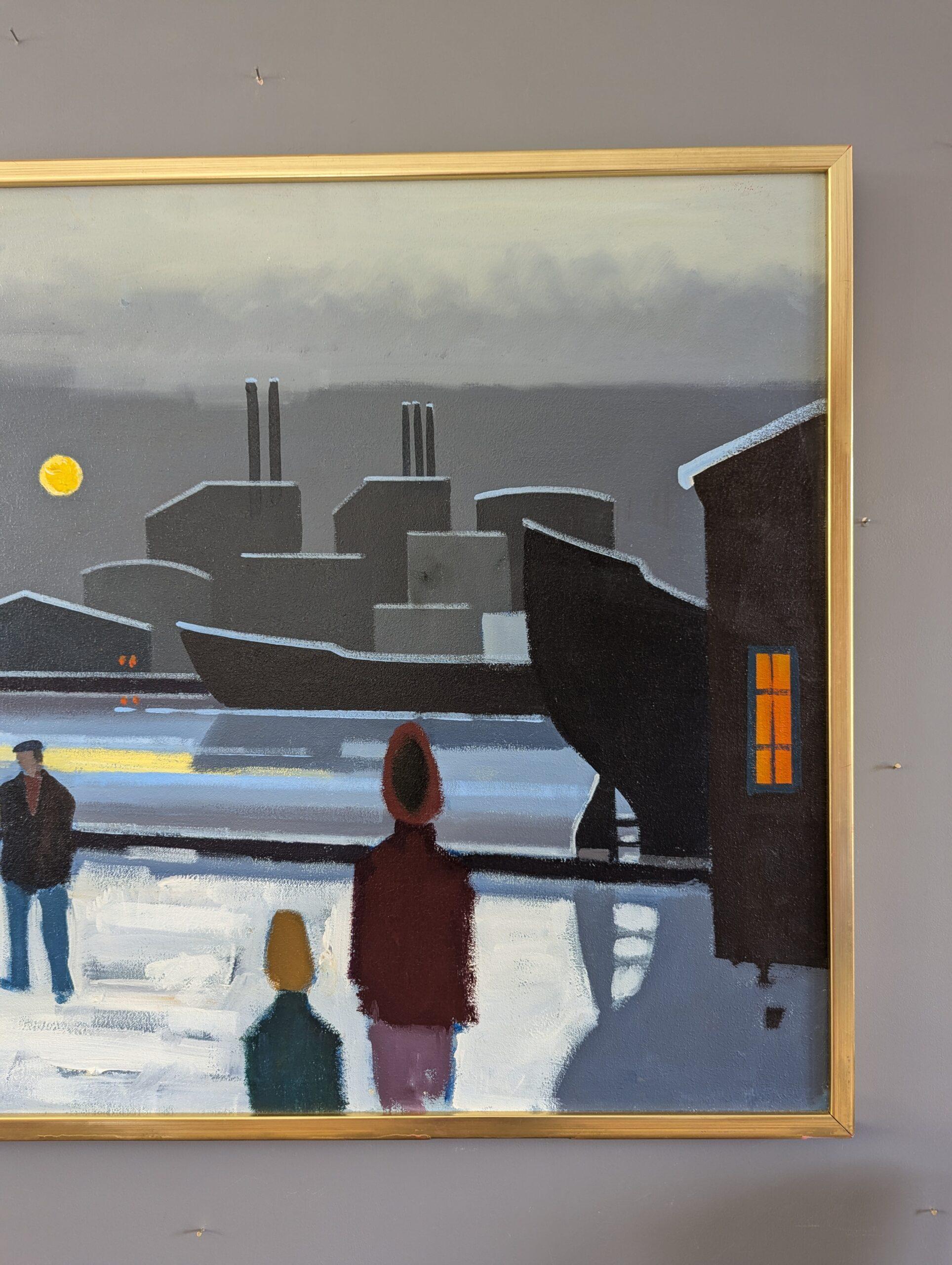 Vintage Mid-Century Modern Harbour Landscape Oil Painting - Boats by Moonlight For Sale 8