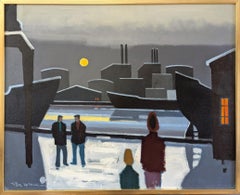 Vintage Mid-Century Modern Harbour Landscape Oil Painting - Boats by Moonlight