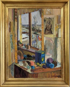 Vintage Mid-Century Modern Interior Setting Oil Painting - View in the Mirror