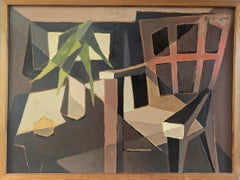 Vintage Mid Century Modern Interior Still Life Oil Painting - Cubist Interior