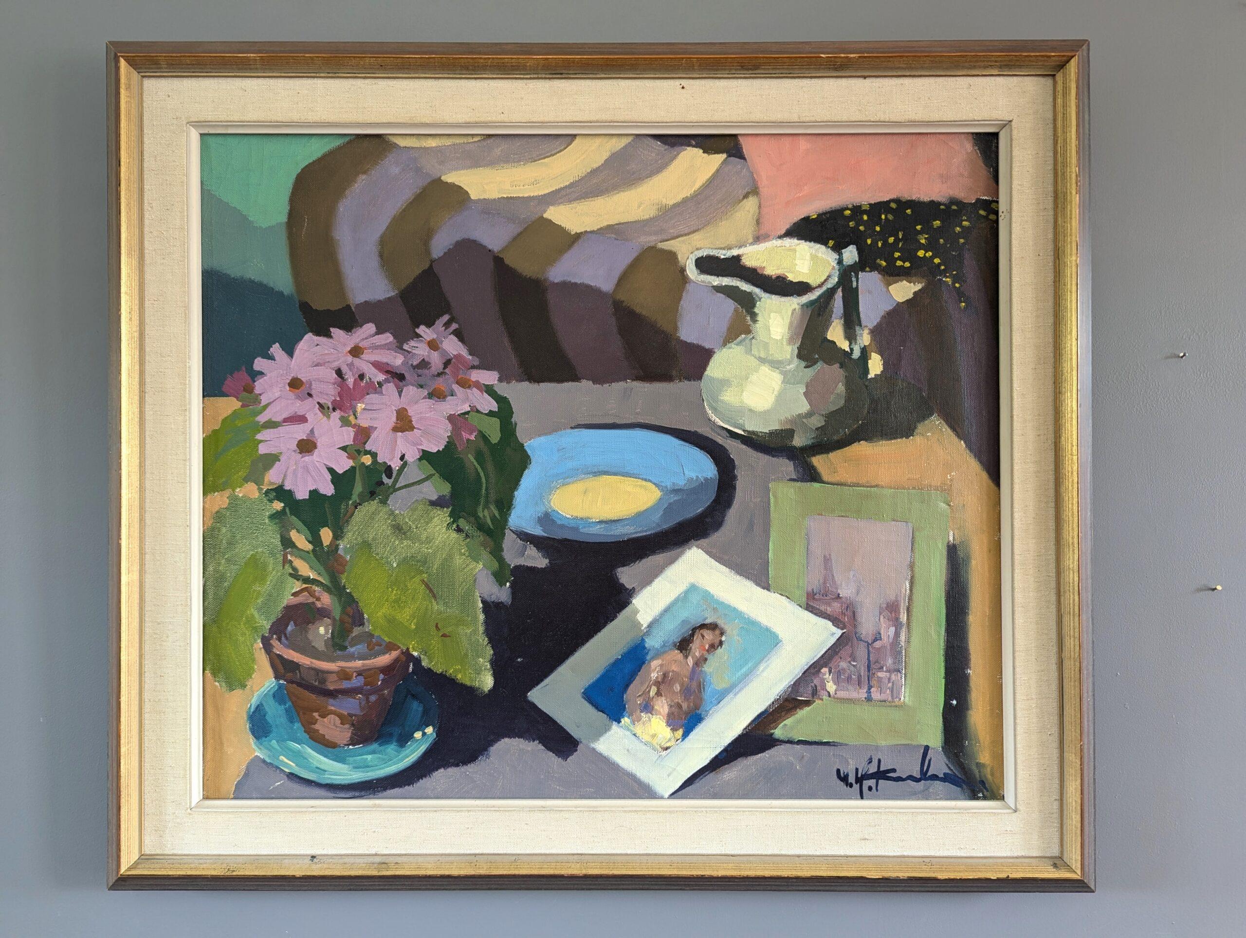 Vintage Mid-Century Modern Interior Still Life Oil Painting - Quiet Moments - Brown Still-Life Painting by Unknown