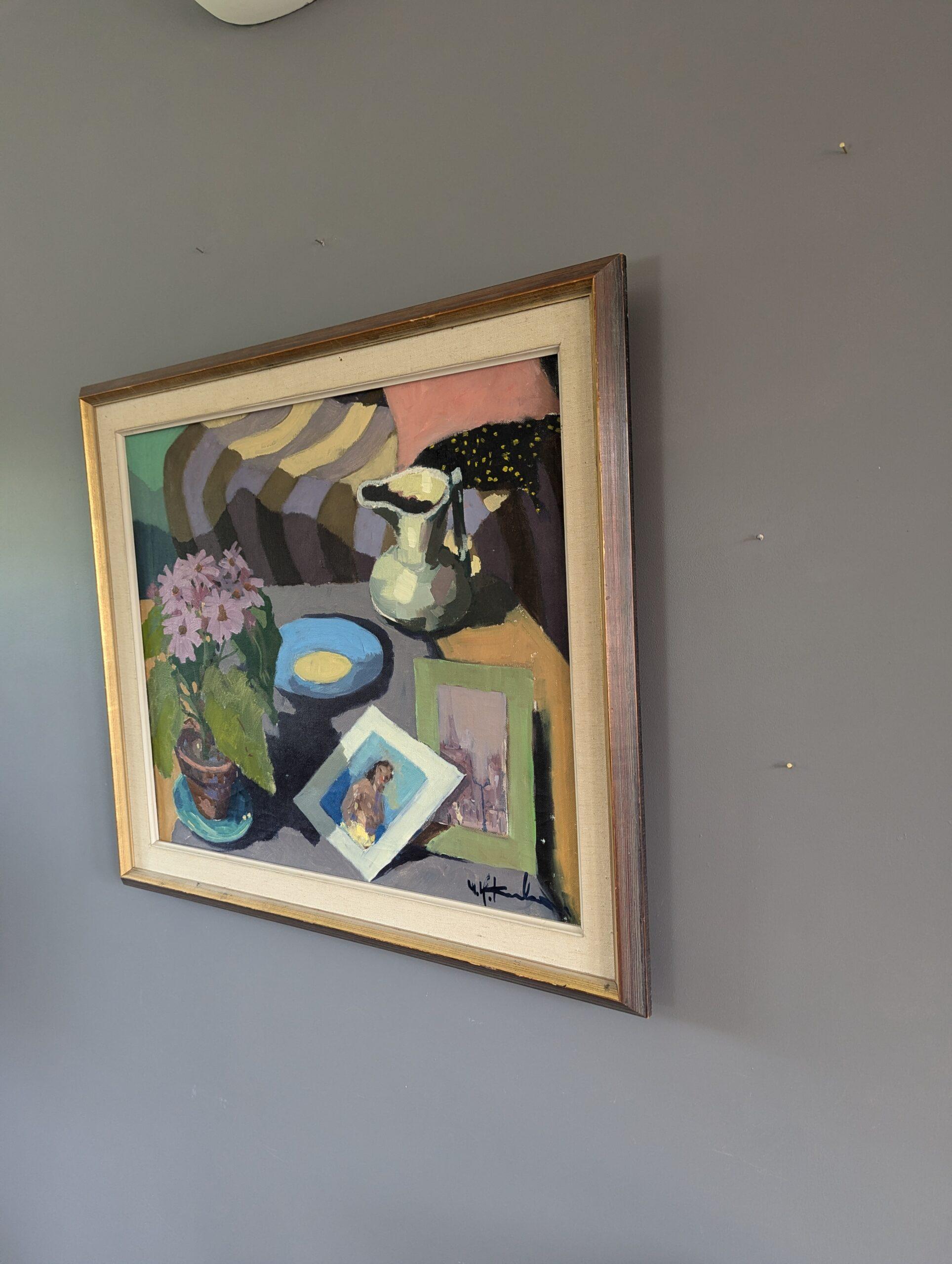 Vintage Mid-Century Modern Interior Still Life Oil Painting - Quiet Moments 2