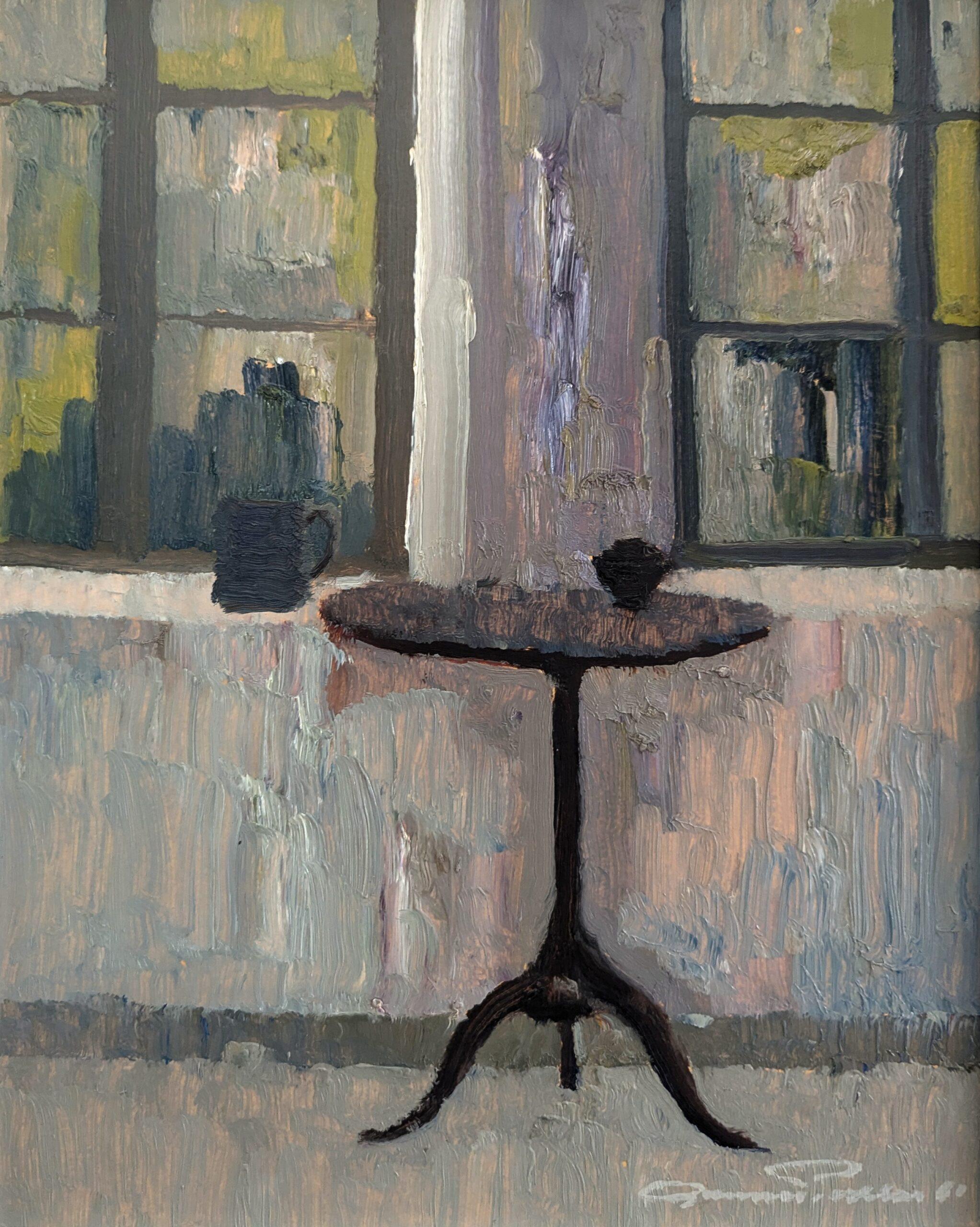 1960 Pittura ad olio di natura morta per interni della metà del secolo scorso - Tavolo vicino alla finestra - Painting Moderno di Unknown