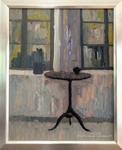 1960 Pittura ad olio di natura morta per interni della metà del secolo scorso - Tavolo vicino alla finestra