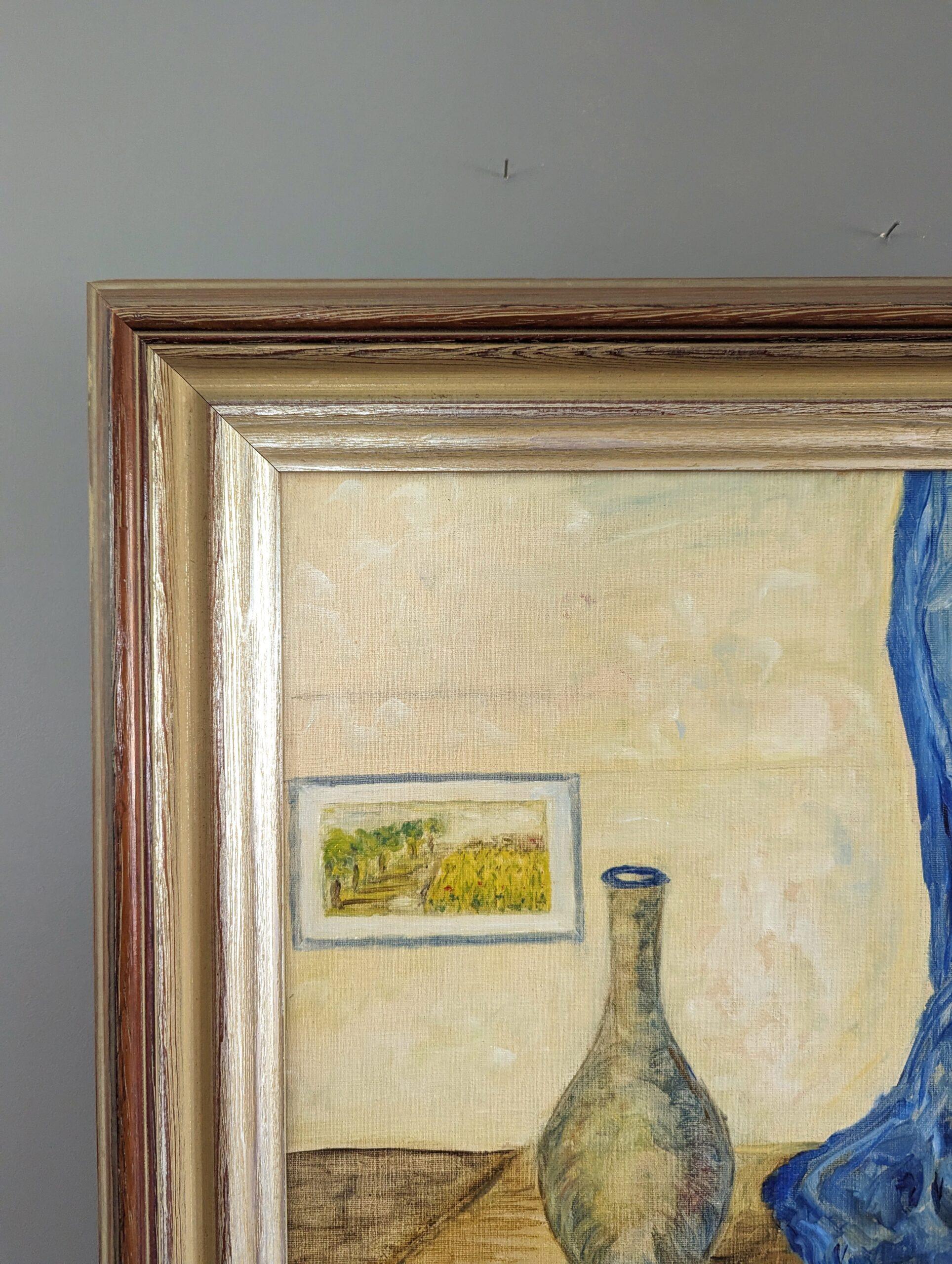 Pittura ad olio d'epoca di natura morta per interni della metà del secolo scorso - La cassapanca di legno 1