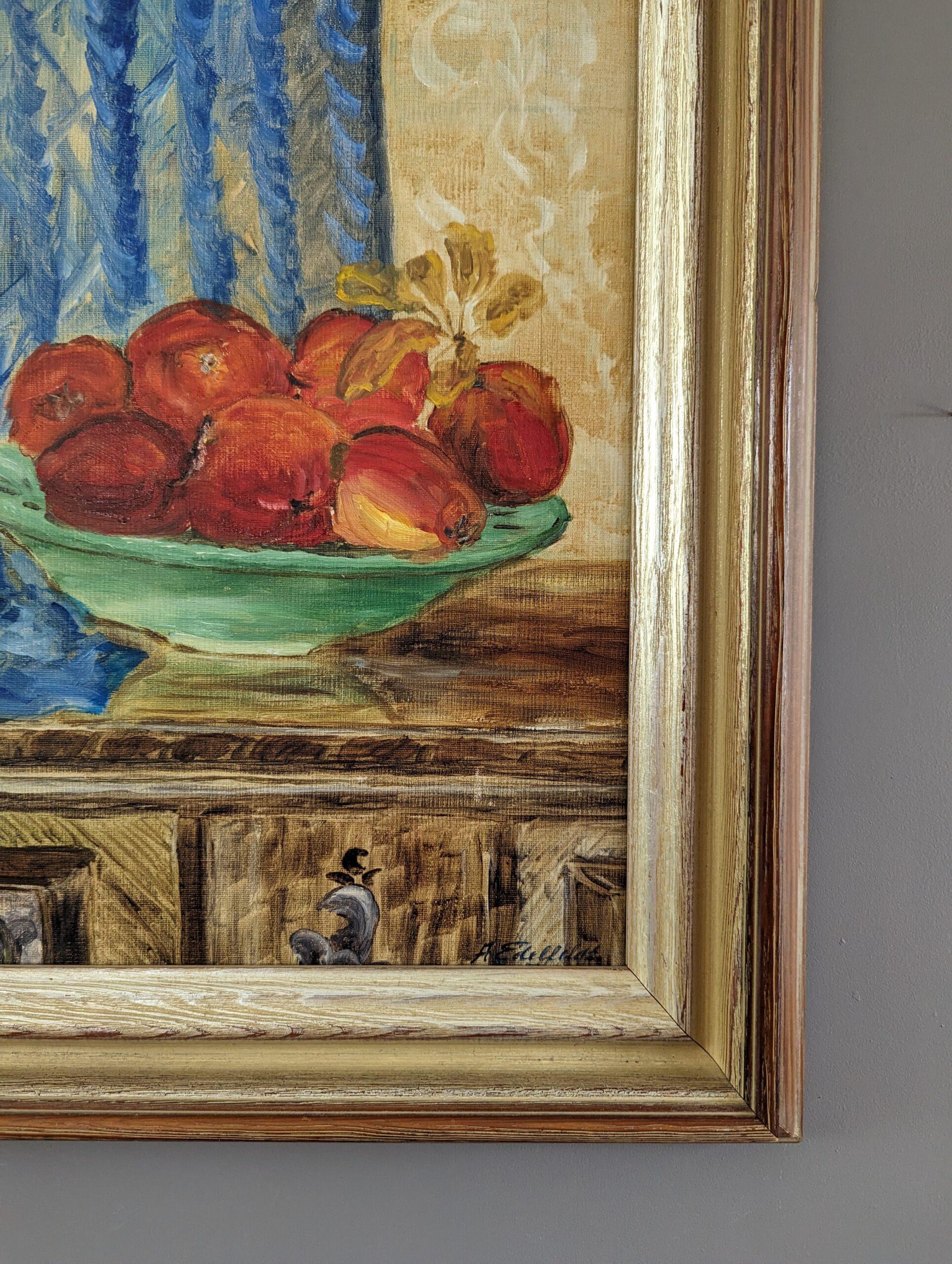 Pittura ad olio d'epoca di natura morta per interni della metà del secolo scorso - La cassapanca di legno 3