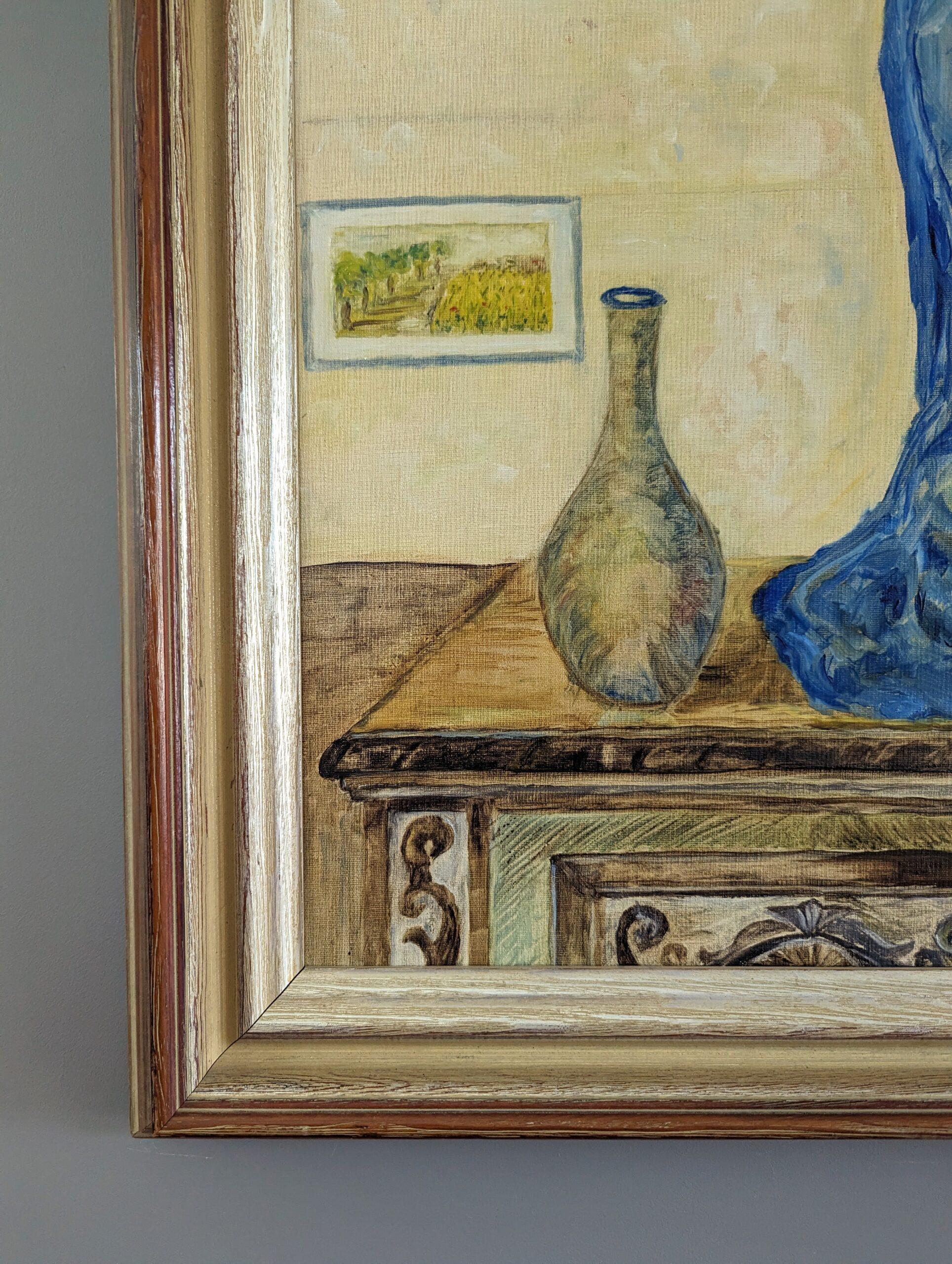 Pittura ad olio d'epoca di natura morta per interni della metà del secolo scorso - La cassapanca di legno 4