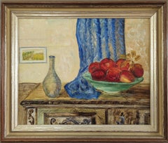 Pittura ad olio d'epoca di natura morta per interni della metà del secolo scorso - La cassapanca di legno