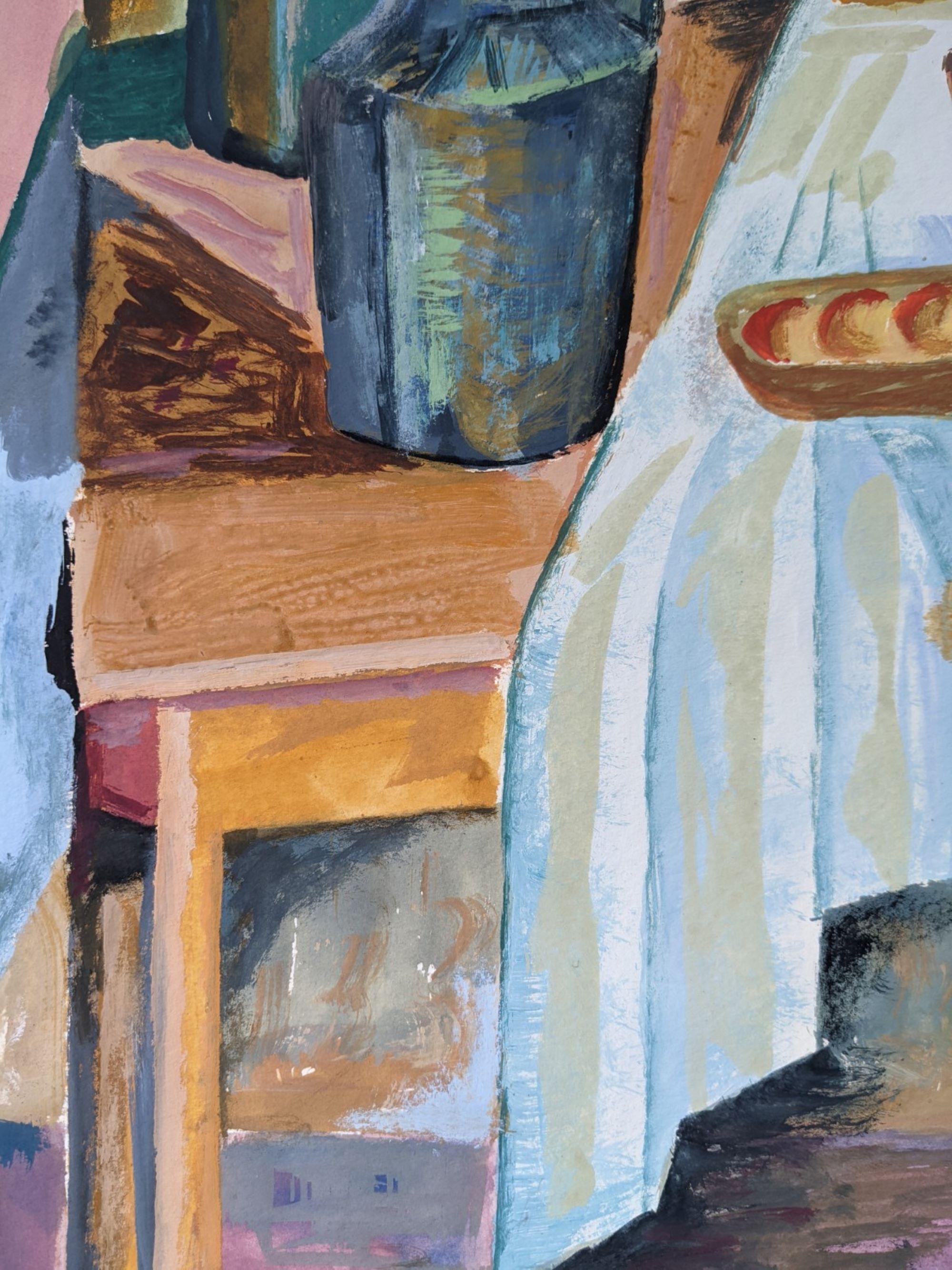 Vintage Mid-Century Modern Interior Still Life - Tabletop Setting, Watercolour - Expressionist Painting by Unknown