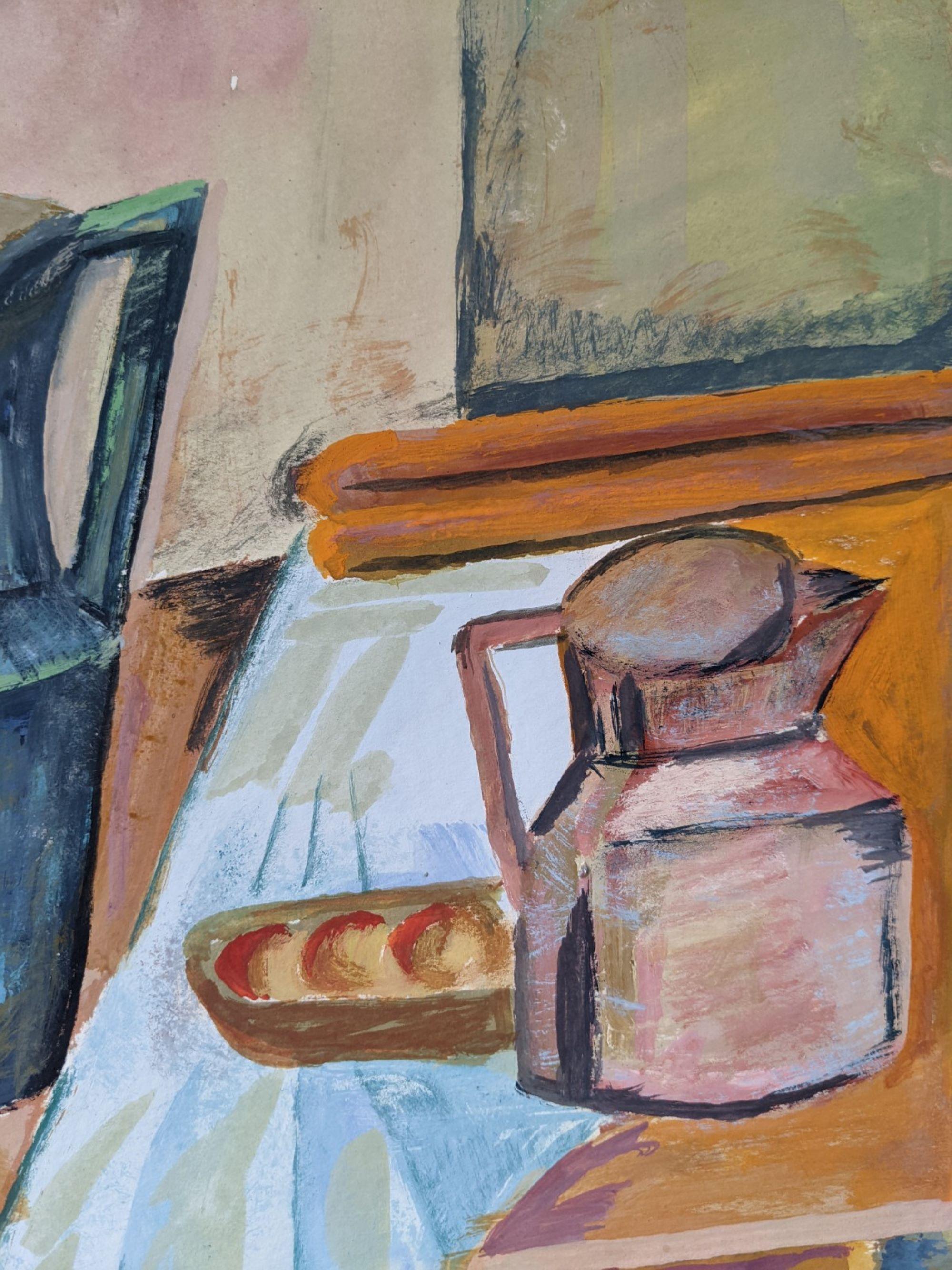 TABLETOP SETTING
Size: 51 x 43cm (including frame)
Watercolour and gouache on paper

A lively and expressive mid-century still life composition, executed in watercolour and gouache onto paper.

The painting depicts an interior setting featuring an
