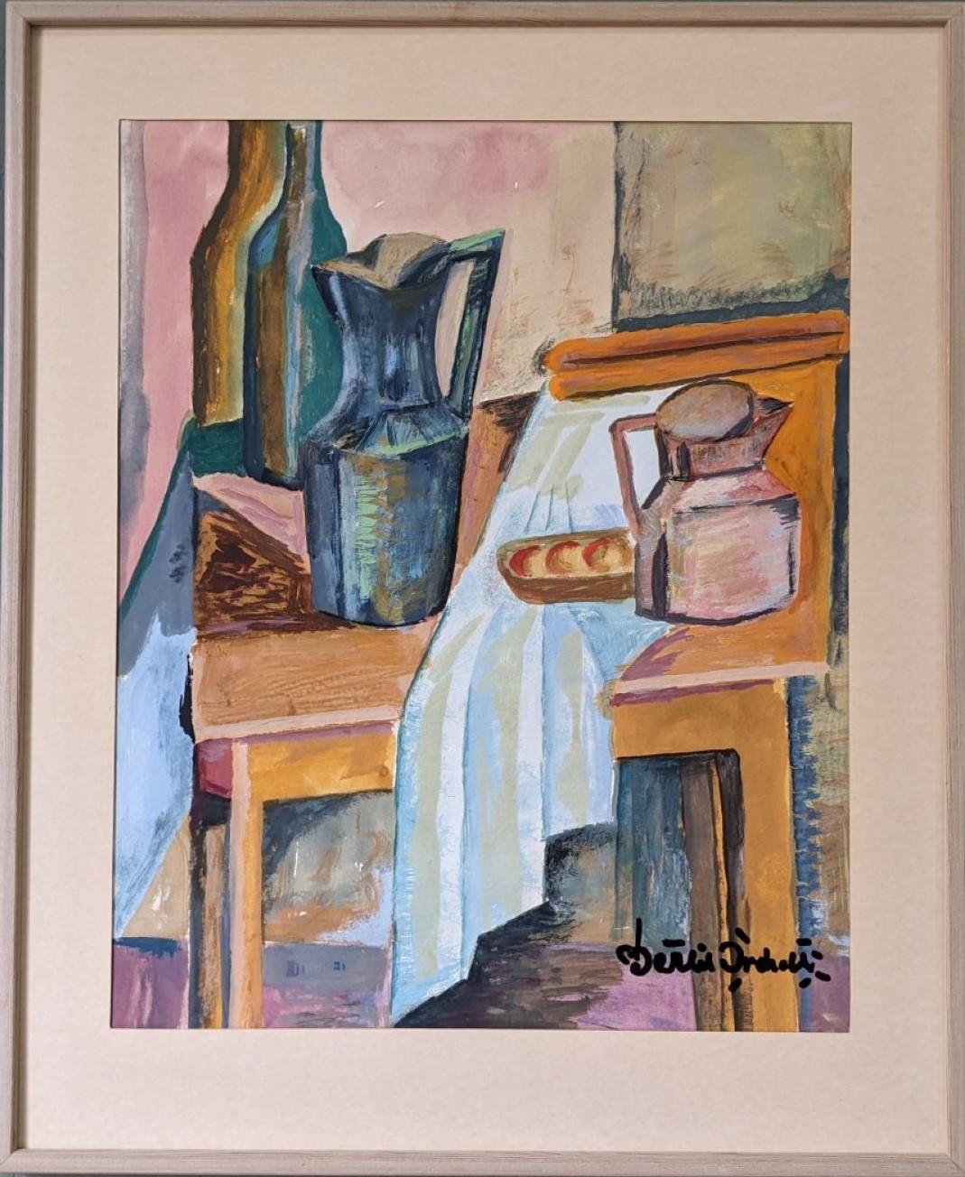 Unknown Interior Painting - Vintage Mid-Century Modern Interior Still Life - Tabletop Setting, Watercolour