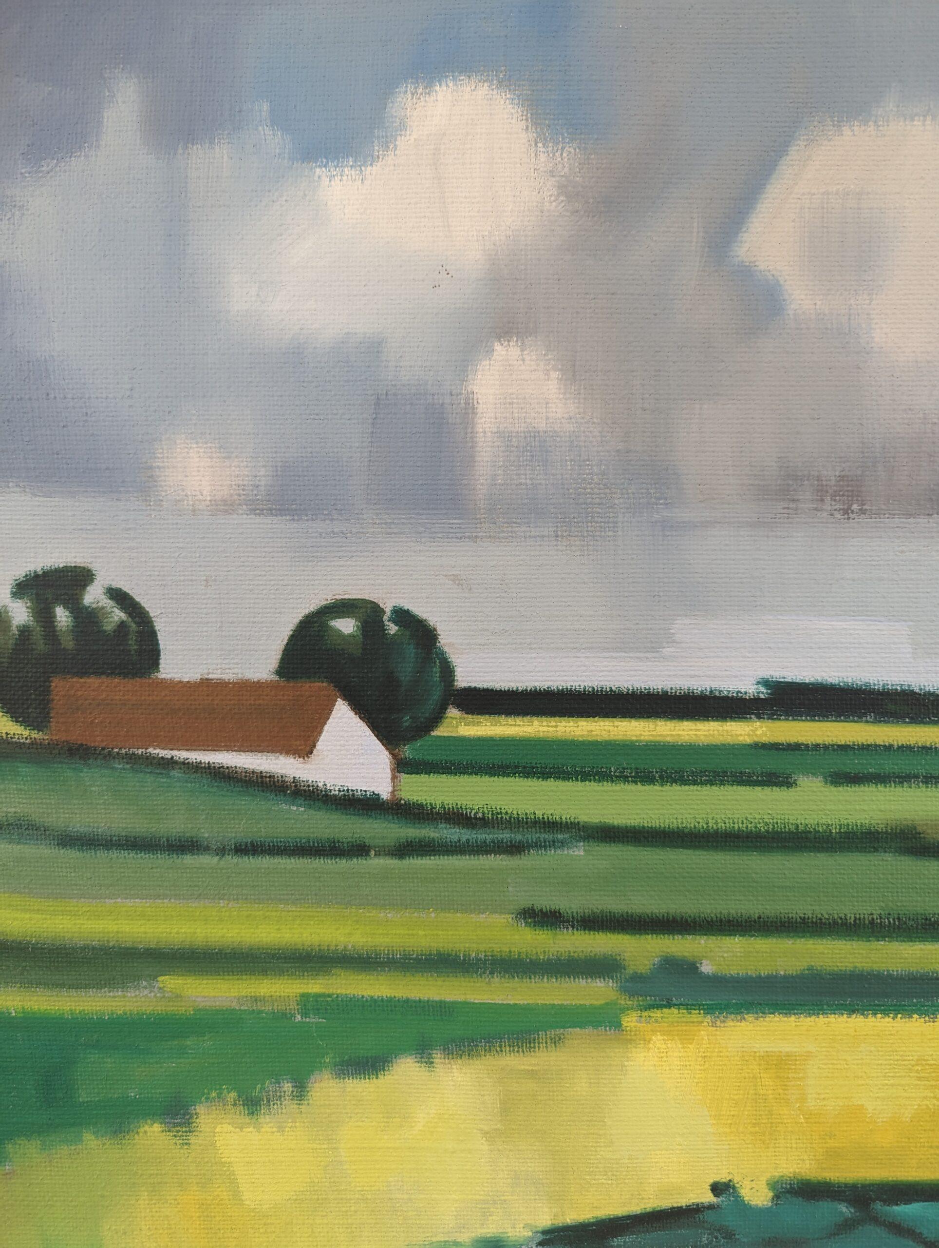 Vintage Mid-Century Modern Landscape Framed Oil Painting - Barn on the Horizon 8