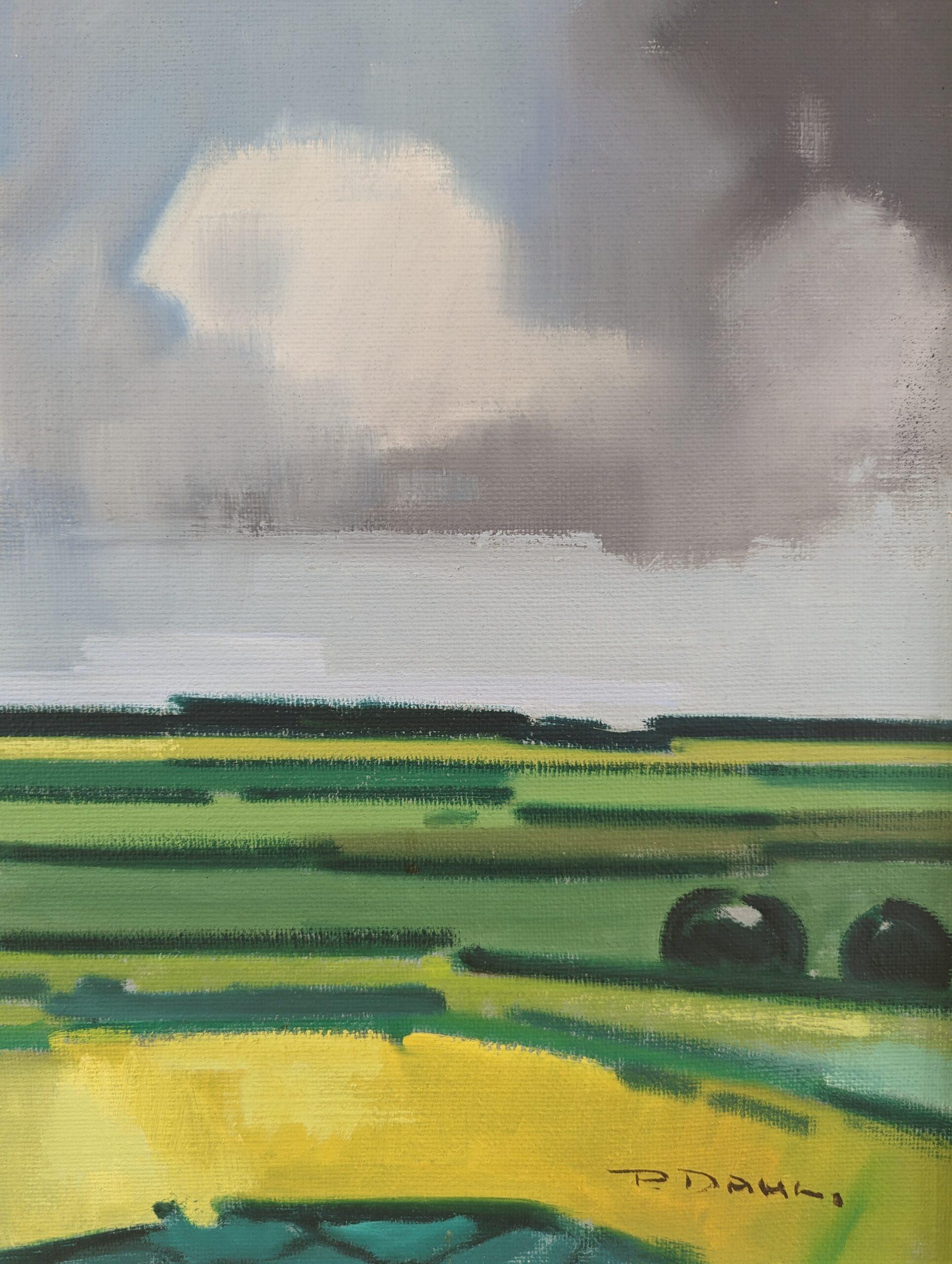 Vintage Mid-Century Modern Landscape Framed Oil Painting - Barn on the Horizon 9