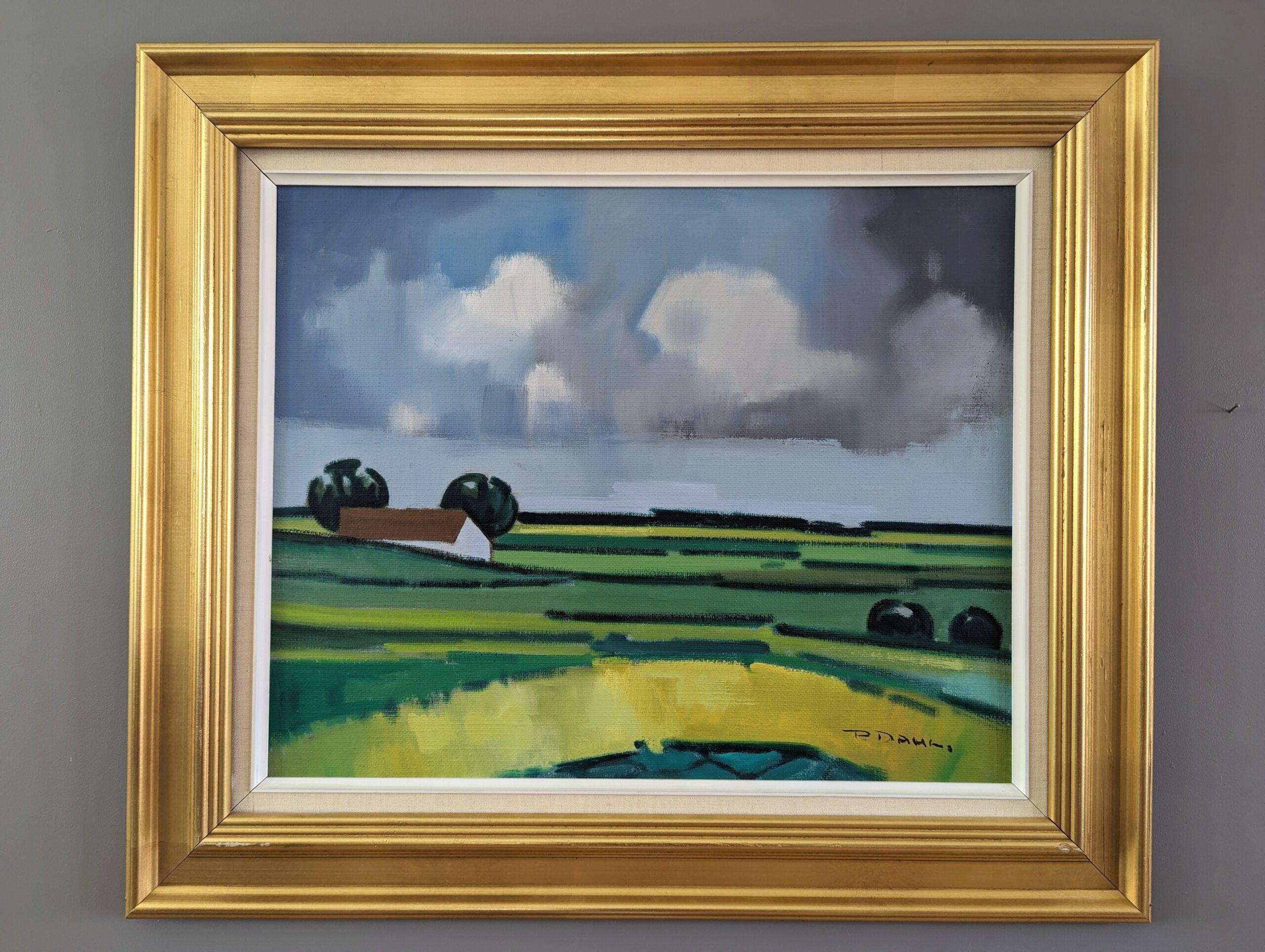 Vintage Mid-Century Modern Landscape Framed Oil Painting - Barn on the Horizon - Brown Landscape Painting by Unknown