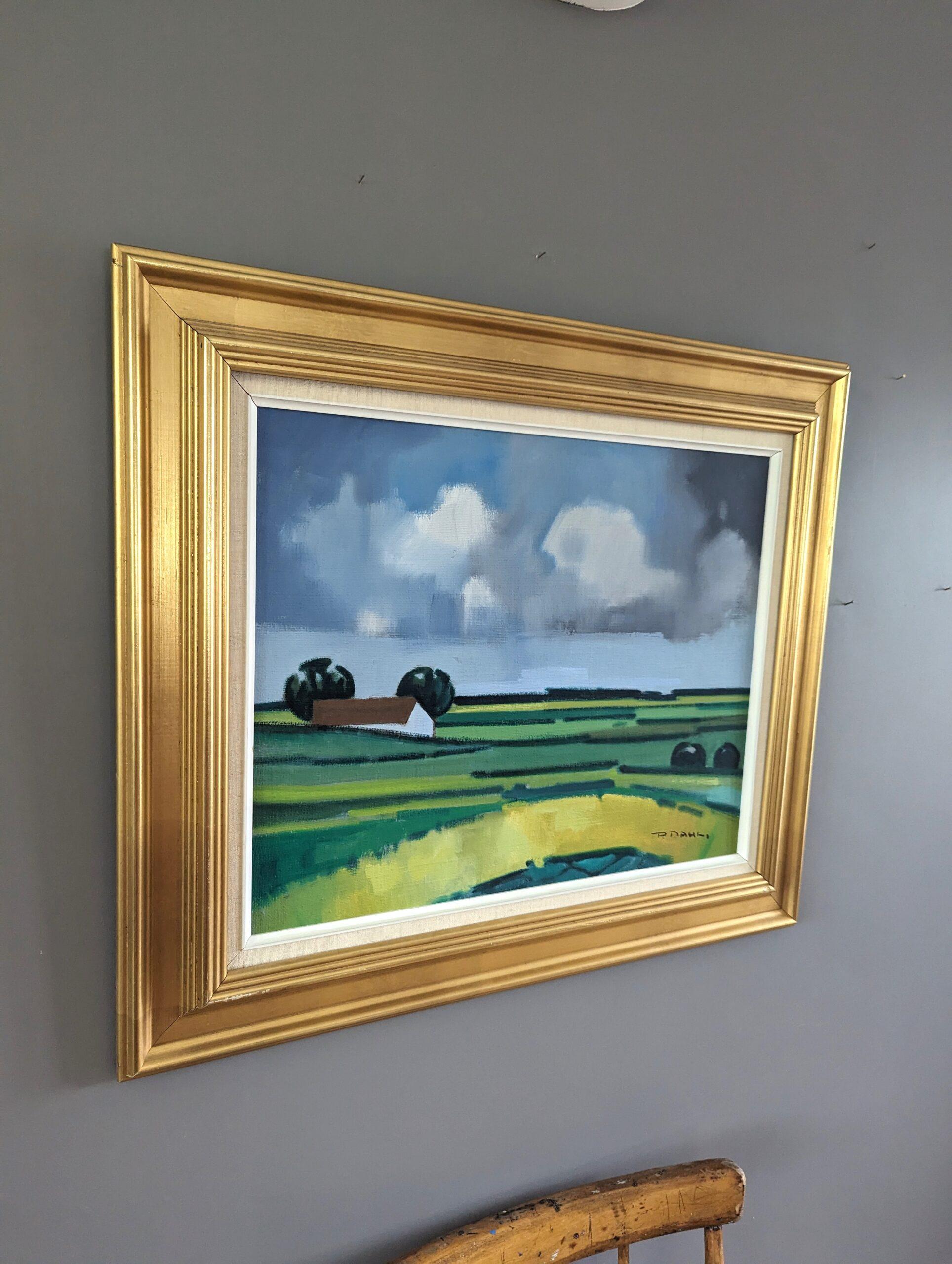Vintage Mid-Century Modern Landscape Framed Oil Painting - Barn on the Horizon 1