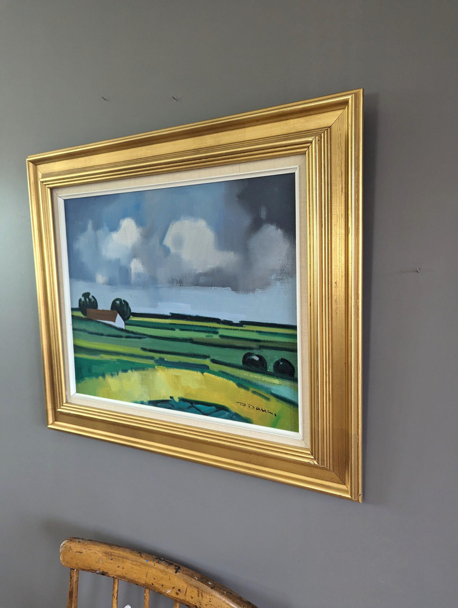 Vintage Mid-Century Modern Landscape Framed Oil Painting - Barn on the Horizon 2