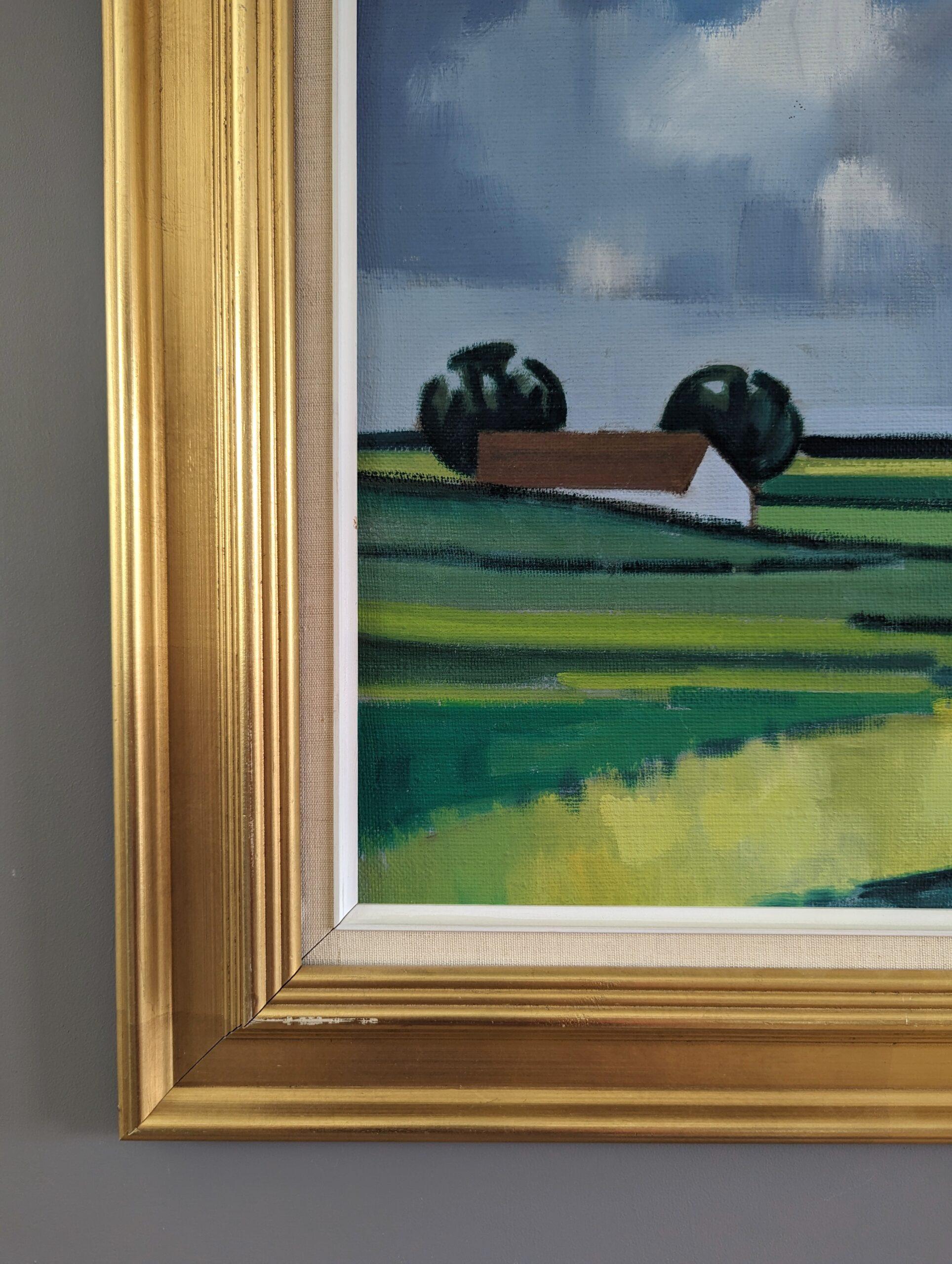 Vintage Mid-Century Modern Landscape Framed Oil Painting - Barn on the Horizon 4