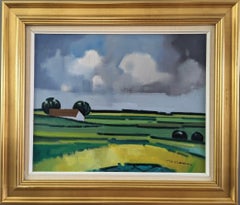 Vintage Mid-Century Modern Landscape Framed Oil Painting - Barn on the Horizon