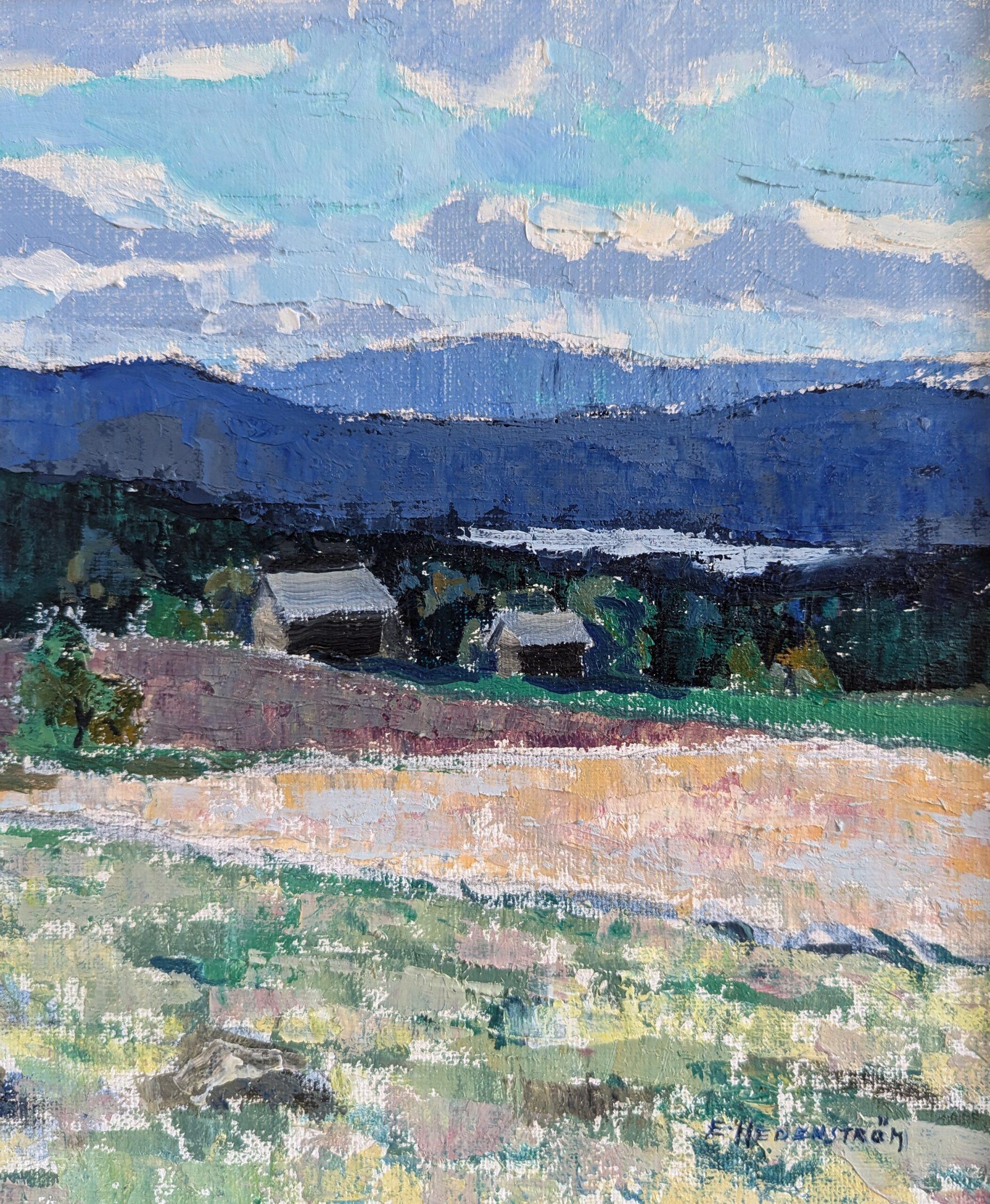 Pittura ad olio incorniciata di un paesaggio moderno di metà secolo - Blu della distanza 5