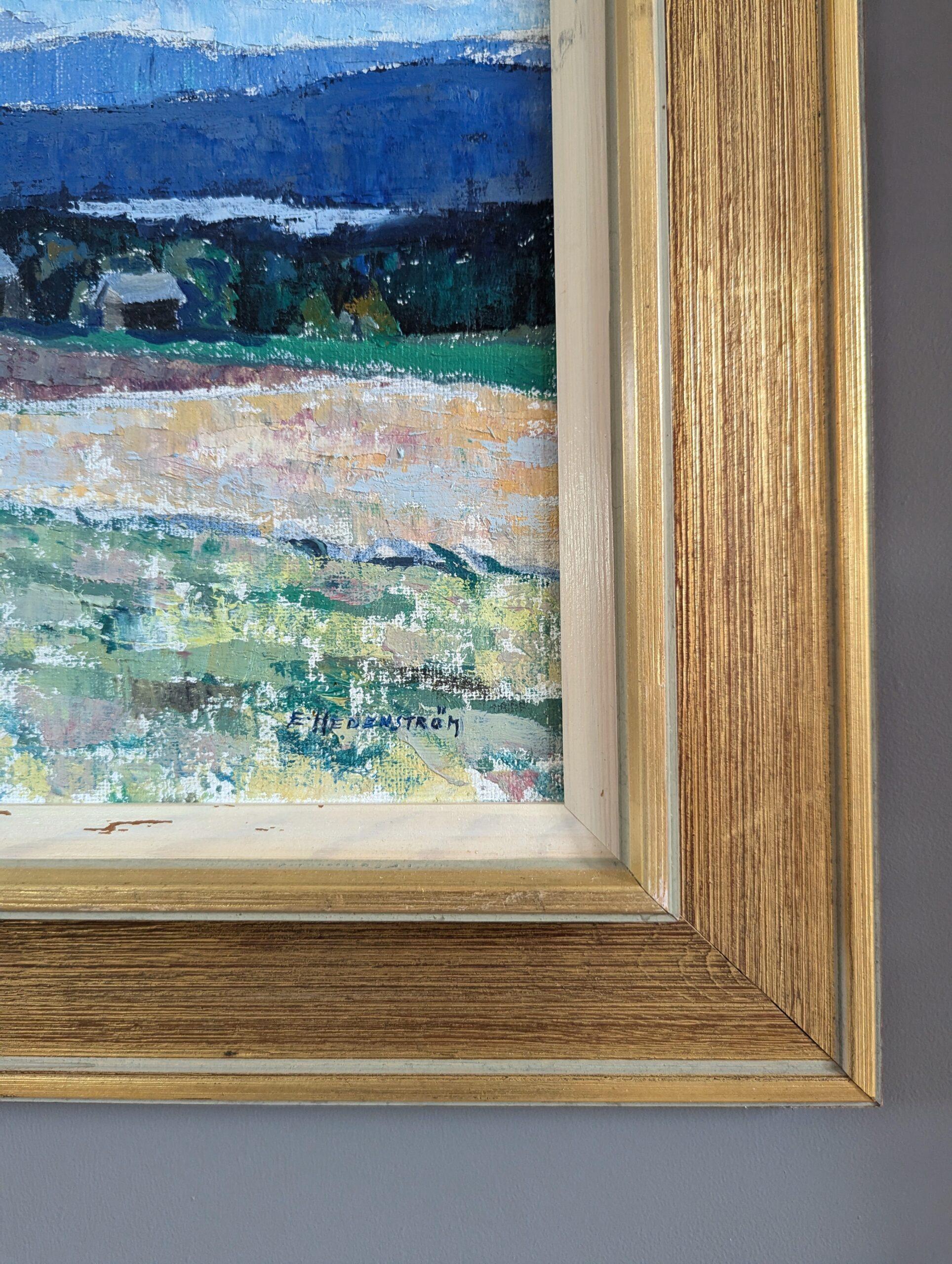 Pittura ad olio incorniciata di un paesaggio moderno di metà secolo - Blu della distanza 1