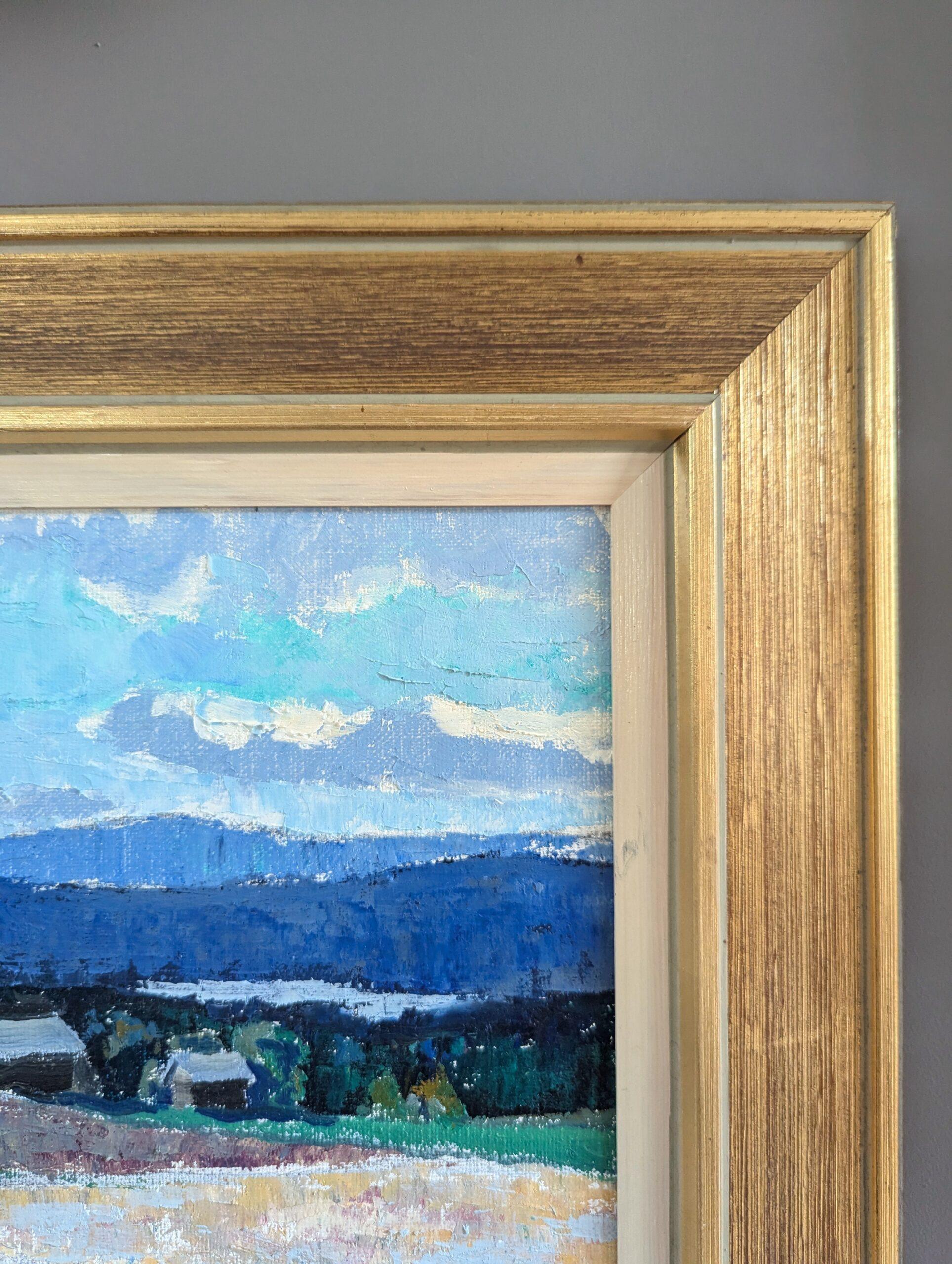 Pittura ad olio incorniciata di un paesaggio moderno di metà secolo - Blu della distanza 2
