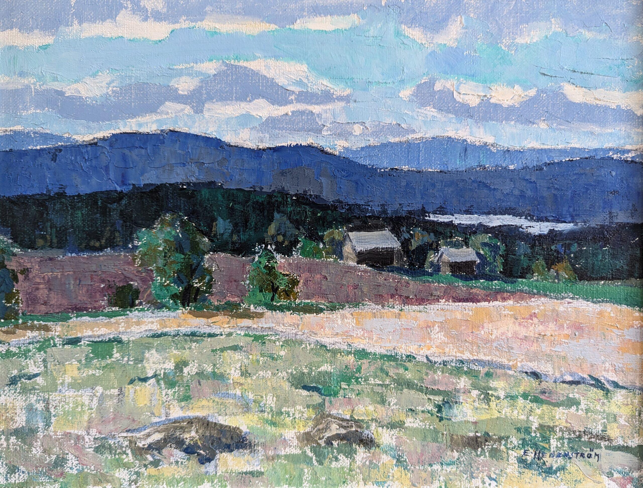 Pittura ad olio incorniciata di un paesaggio moderno di metà secolo - Blu della distanza 3