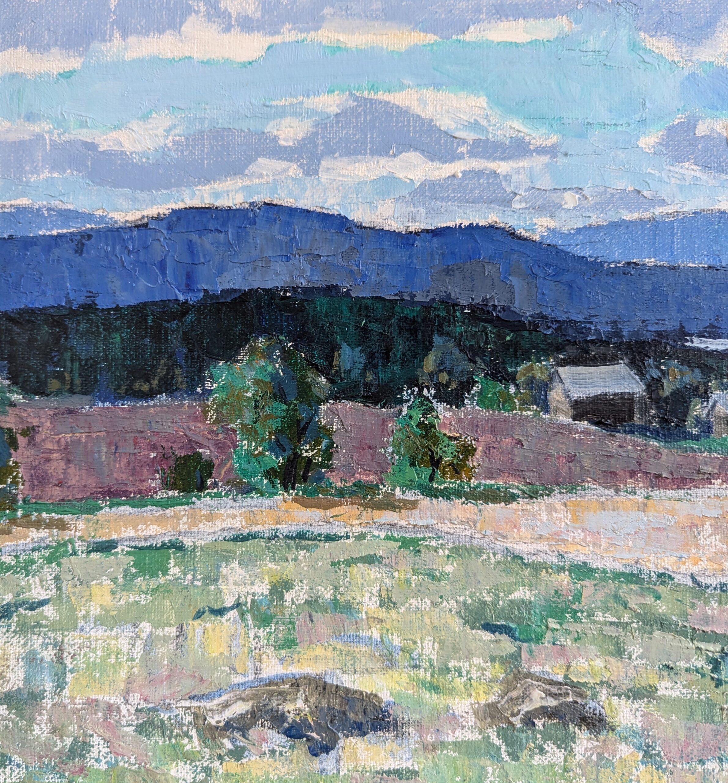 Pittura ad olio incorniciata di un paesaggio moderno di metà secolo - Blu della distanza 4