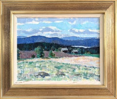 Pittura ad olio incorniciata di un paesaggio moderno di metà secolo - Blu della distanza