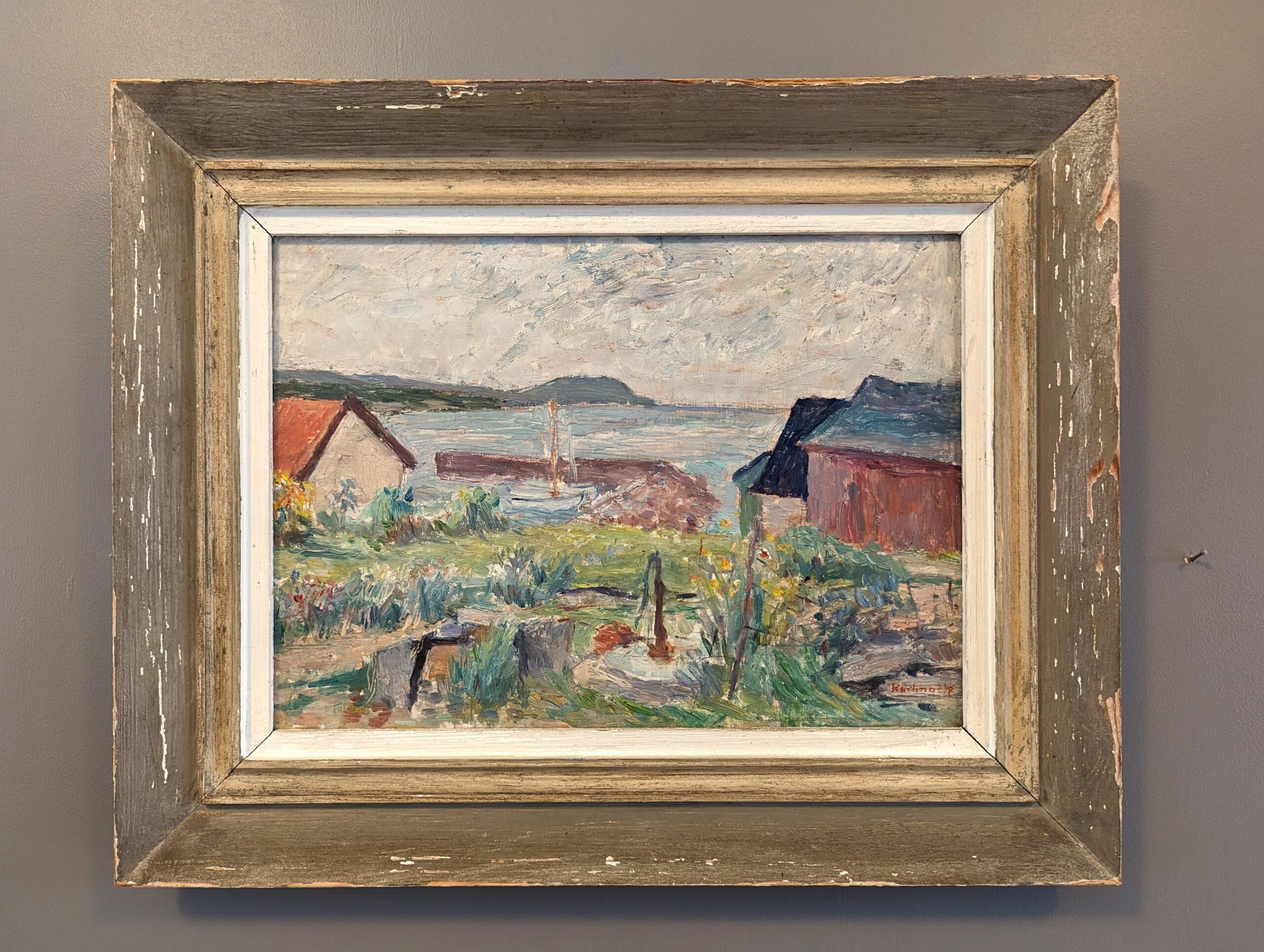 COASTAL BREEZE
Size: 37 x 45.5 cm (including frame)
Oil on Board

A very pleasant and atmospheric mid-century expressive coastal landscape composition, executed in oil onto board.

The scene depicts houses nestled amidst lush greenery along a