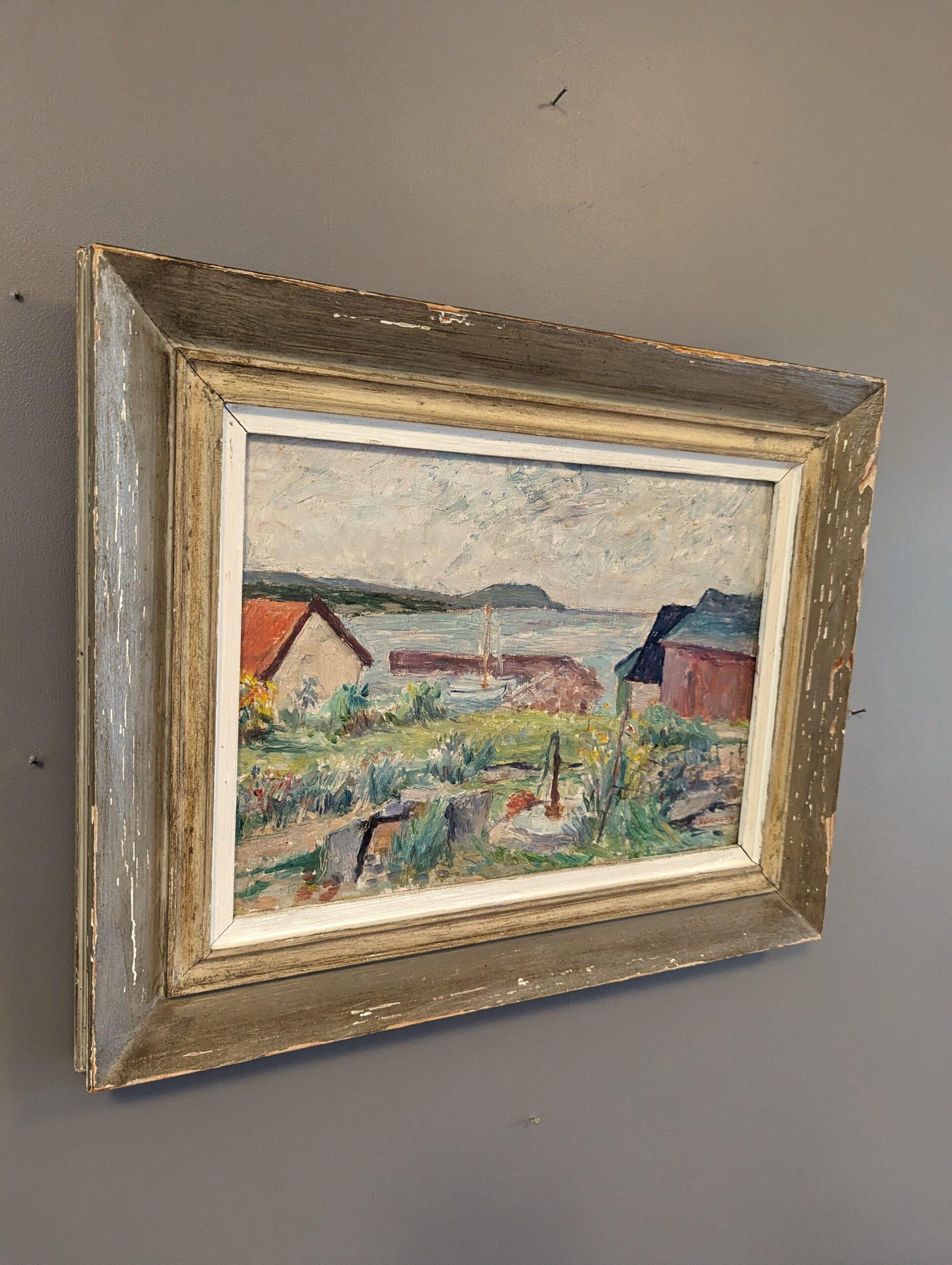 Vintage Mid-Century Modern Landscape Framed Oil Painting - Coastal Breeze For Sale 1