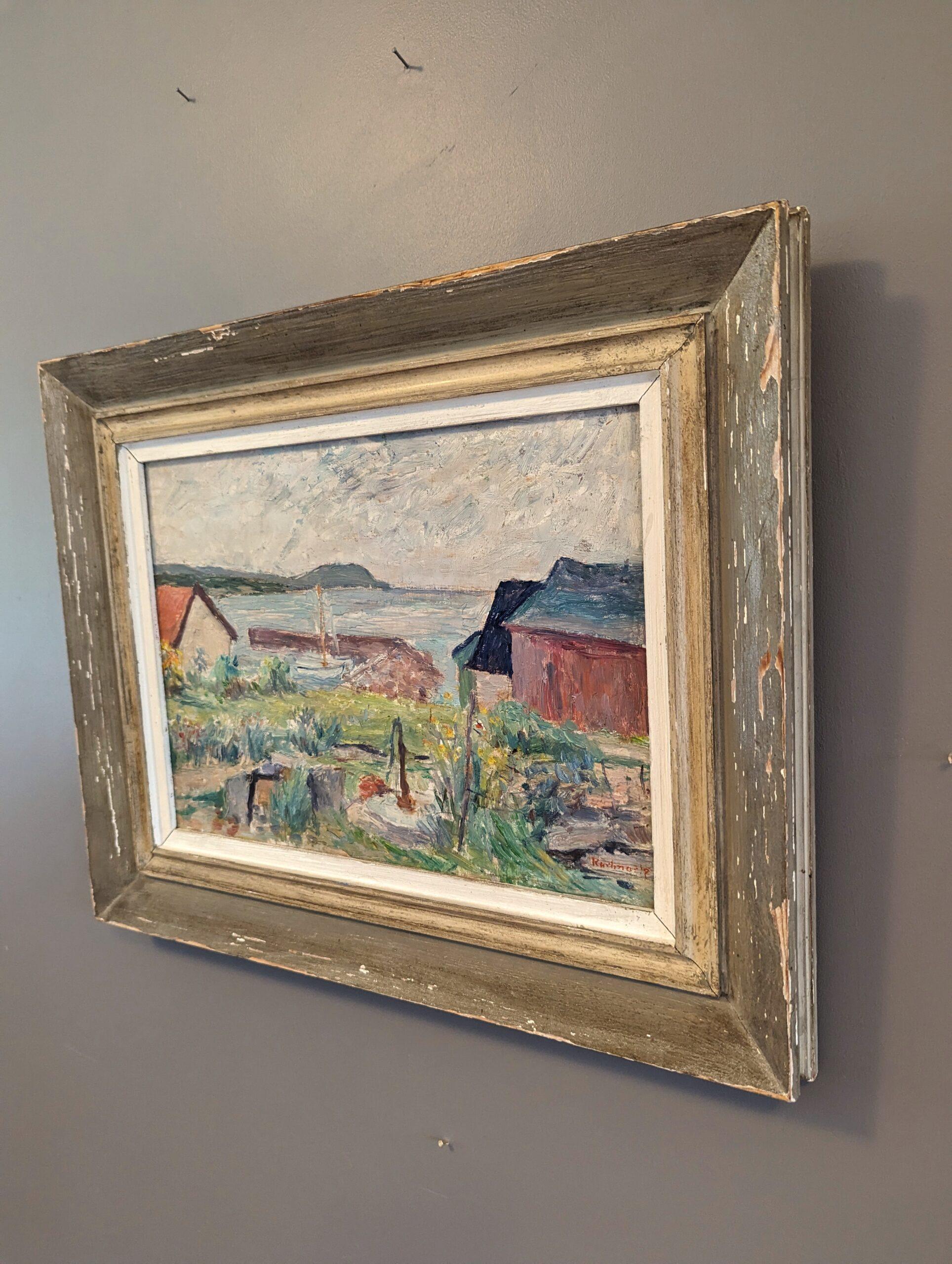 Vintage Mid-Century Modern Landscape Framed Oil Painting - Coastal Breeze For Sale 2