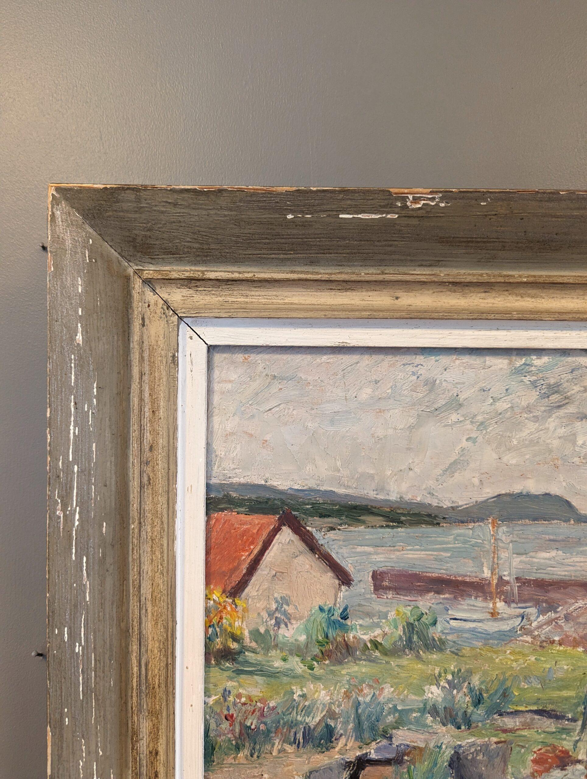 Vintage Mid-Century Modern Landscape Framed Oil Painting - Coastal Breeze For Sale 3