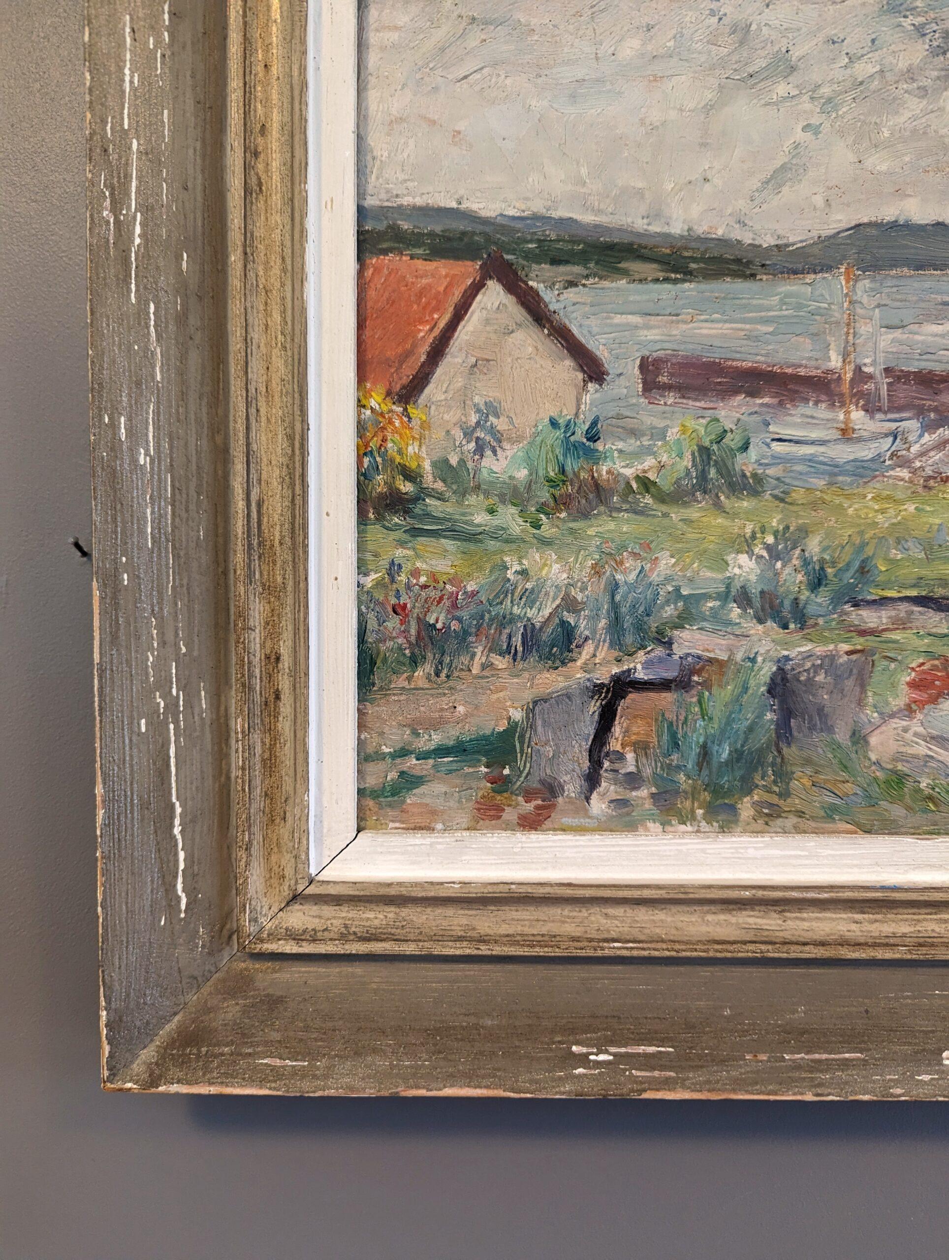 Vintage Mid-Century Modern Landscape Framed Oil Painting - Coastal Breeze For Sale 4