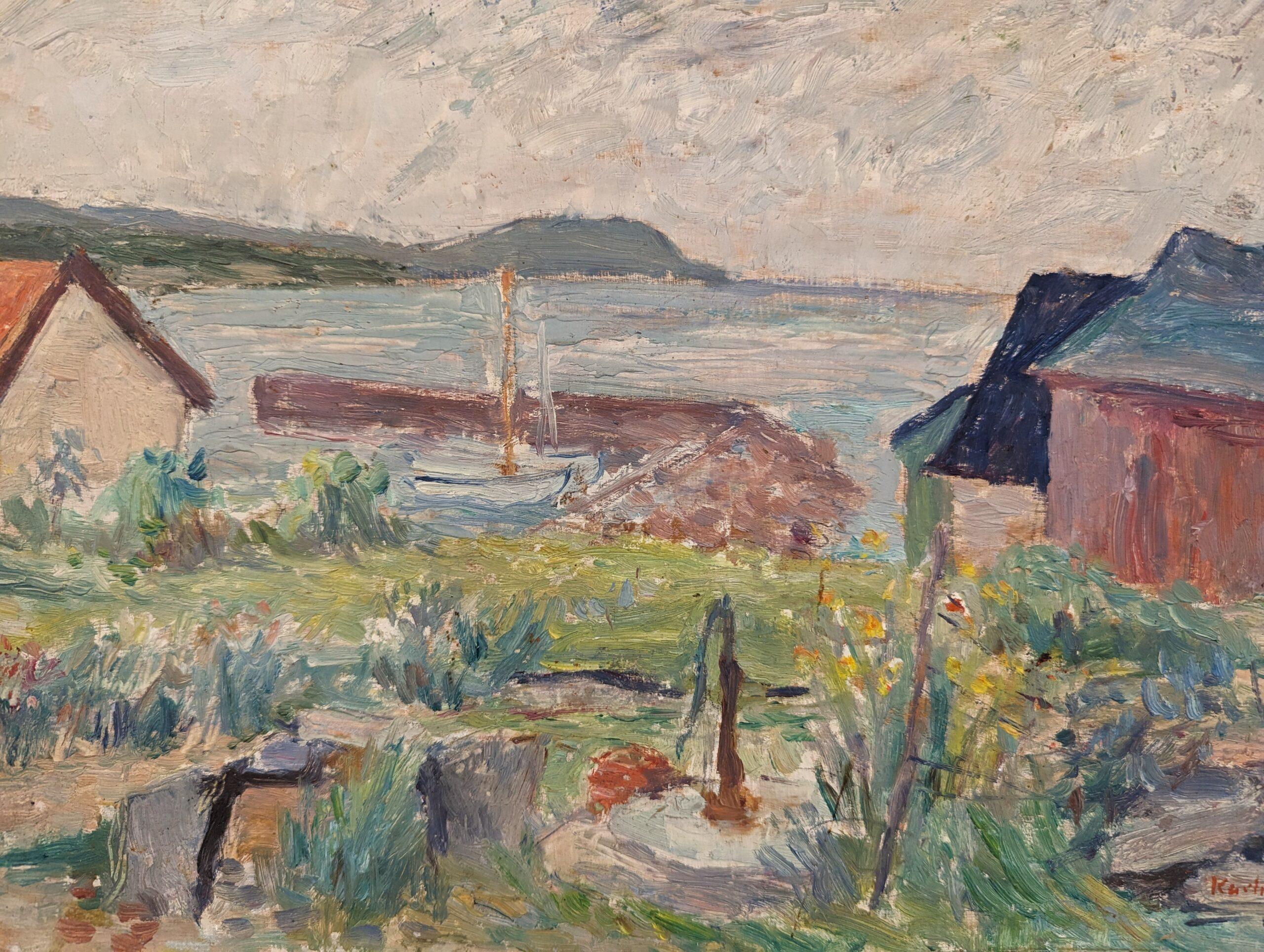 Vintage Mid-Century Modern Landscape Framed Oil Painting - Coastal Breeze For Sale 7