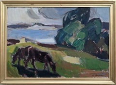 Vintage Mid Century Modern Landscape Framed Oil Painting - Cows in the Meadow