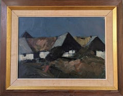 Vintage Mid-Century Modern Landscape Framed Oil Painting - Farmhouses at Dusk
