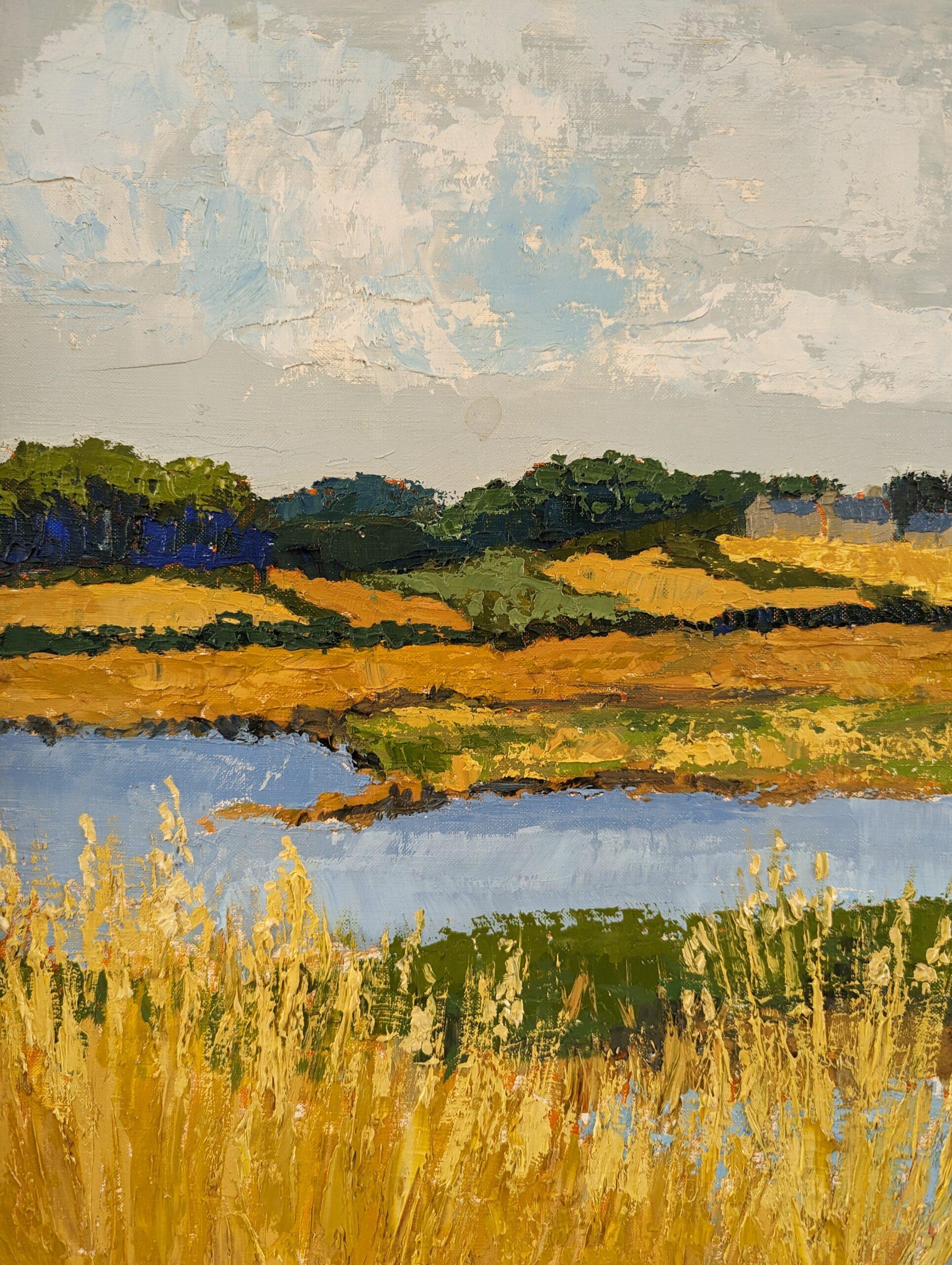 Vintage Mid-Century Modern Landscape Framed Oil Painting - Golden Lake in vendita 7