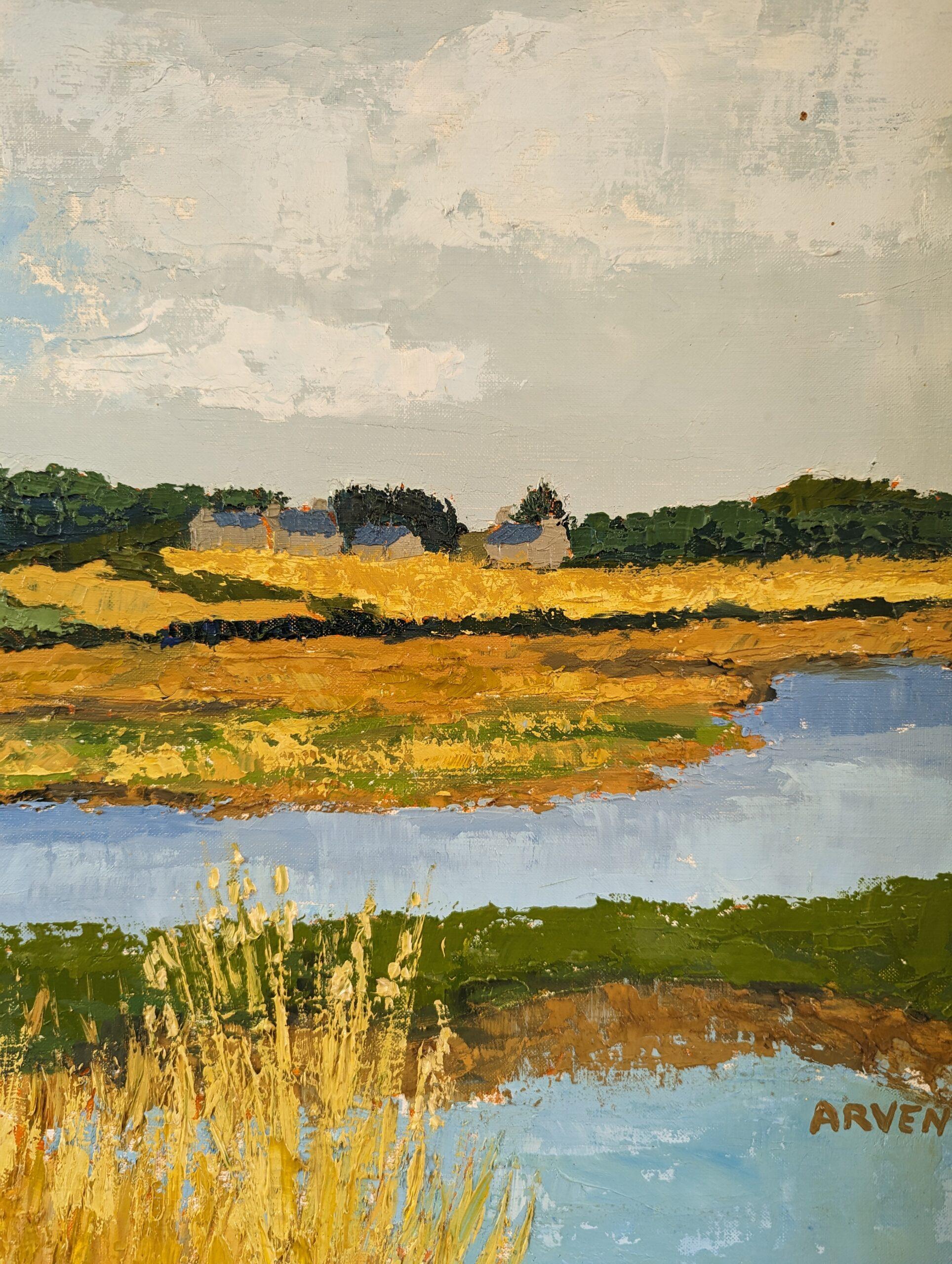 Vintage Mid-Century Modern Landscape Framed Oil Painting - Golden Lake in vendita 8