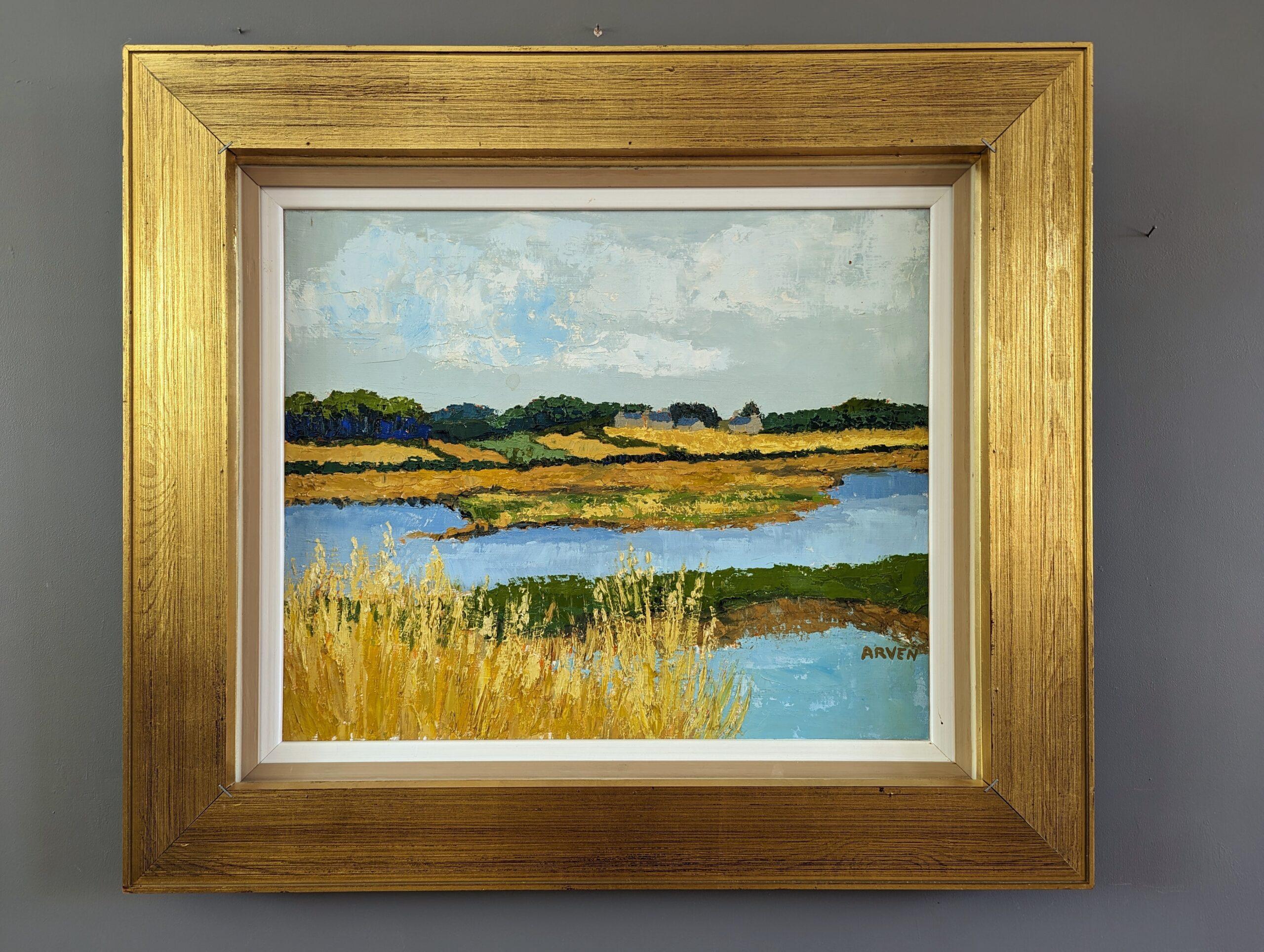 Vintage Mid-Century Modern Landscape Framed Oil Painting - Golden Lake in vendita 9