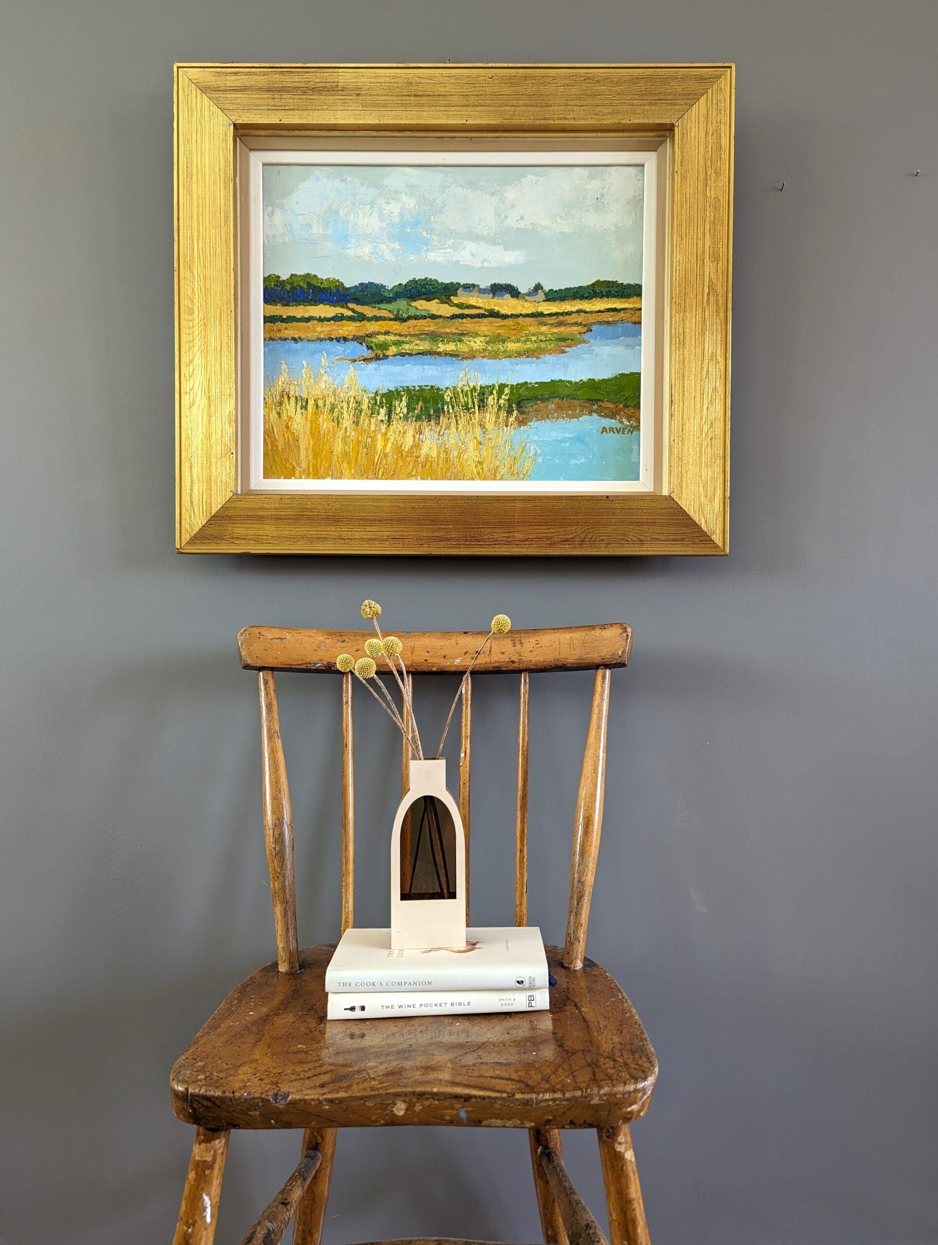 Vintage Mid-Century Modern Landscape Framed Oil Painting - Golden Lake - Landscape Painting Marrone di Unknown