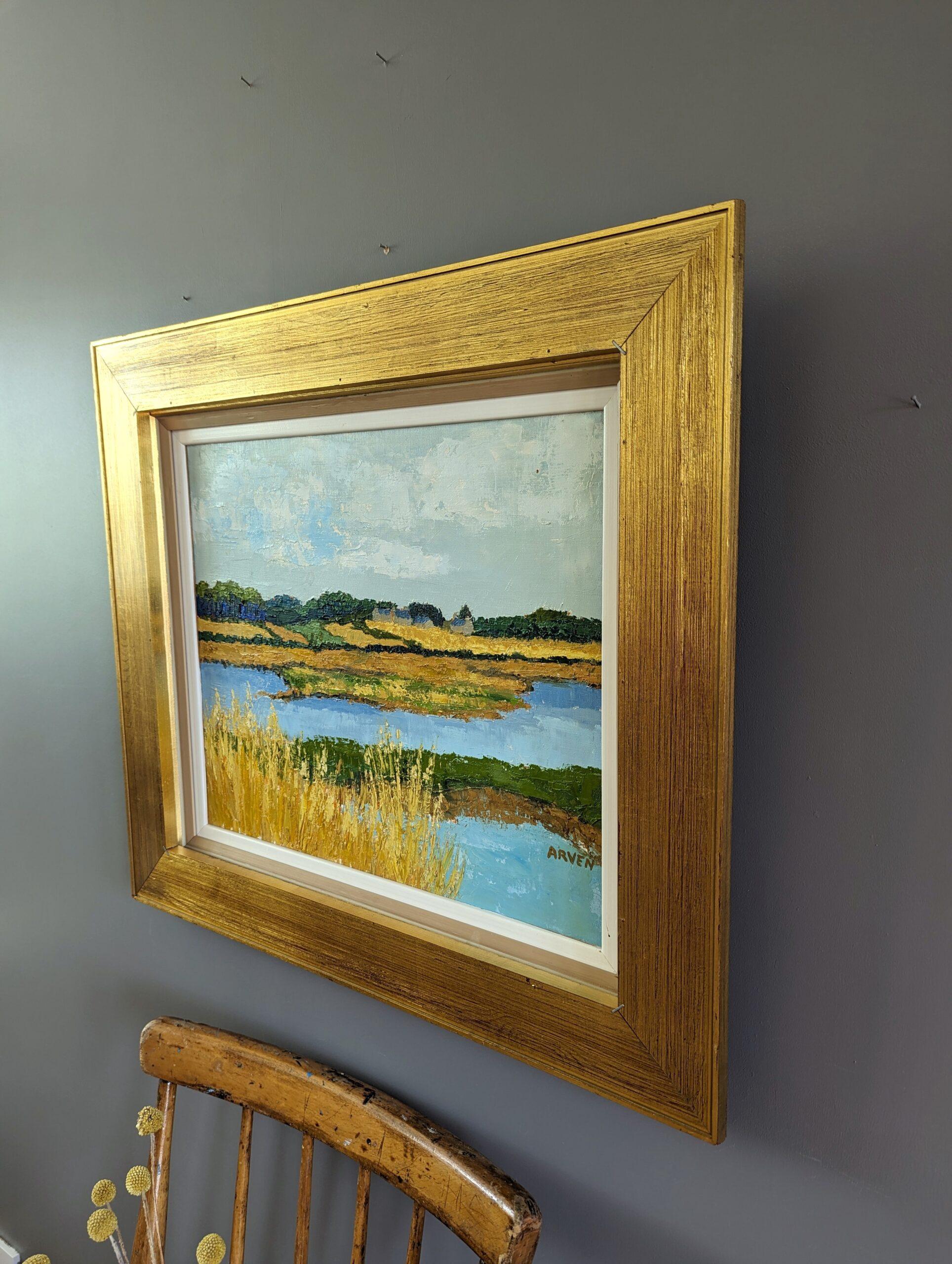 Vintage Mid-Century Modern Landscape Framed Oil Painting - Golden Lake in vendita 1