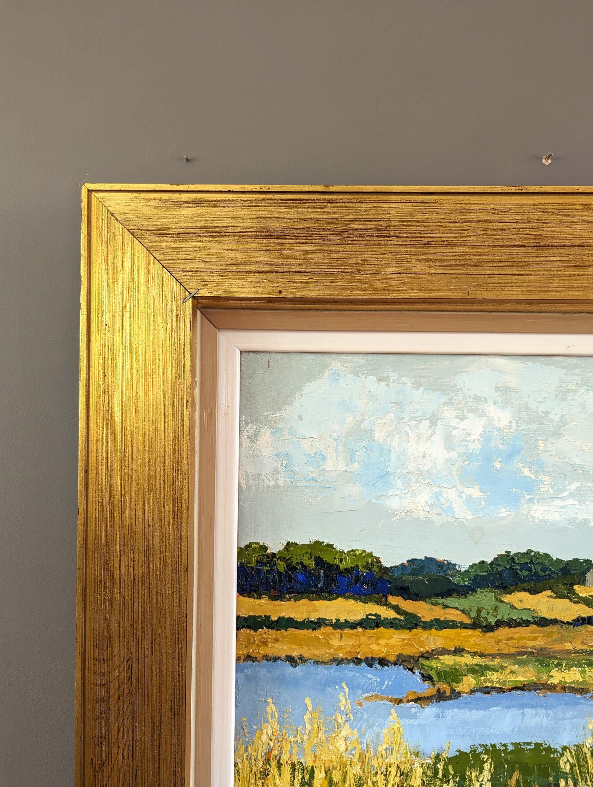 Vintage Mid-Century Modern Landscape Framed Oil Painting - Golden Lake in vendita 2