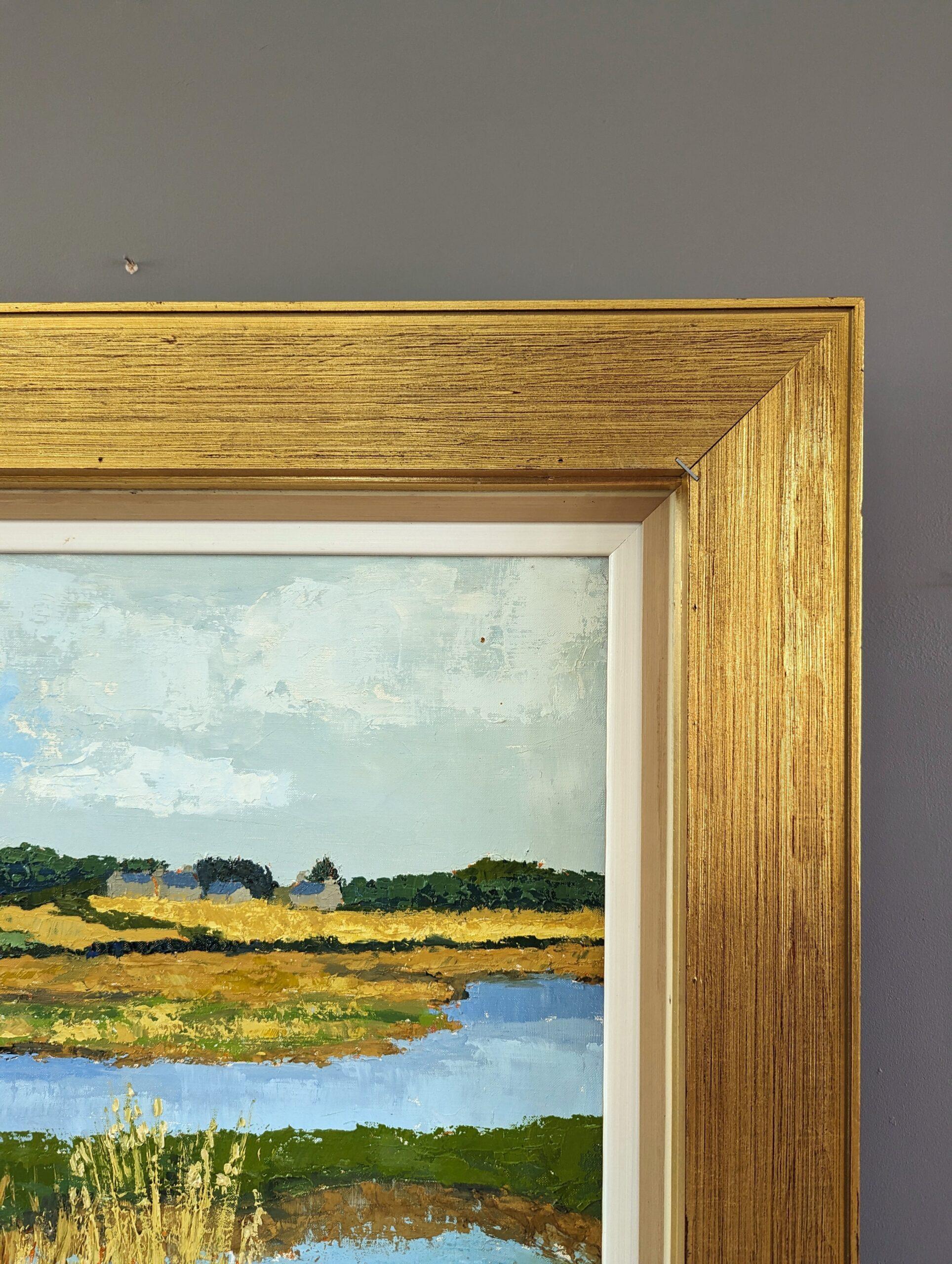 Vintage Mid-Century Modern Landscape Framed Oil Painting - Golden Lake in vendita 3