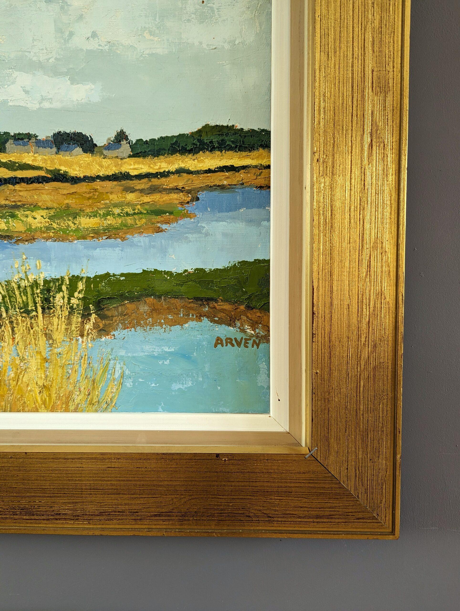 Vintage Mid-Century Modern Landscape Framed Oil Painting - Golden Lake in vendita 4