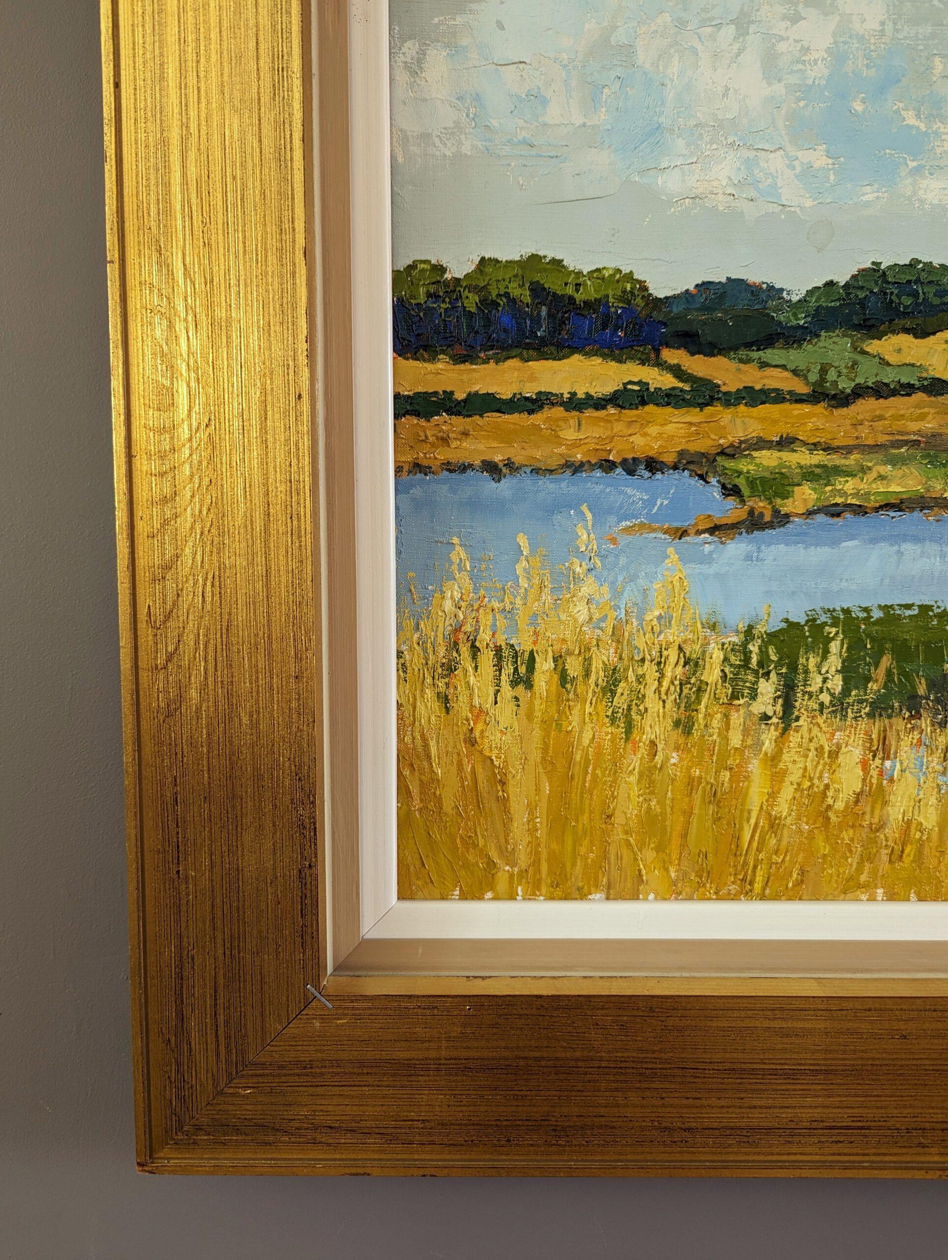 Vintage Mid-Century Modern Landscape Framed Oil Painting - Golden Lake in vendita 5
