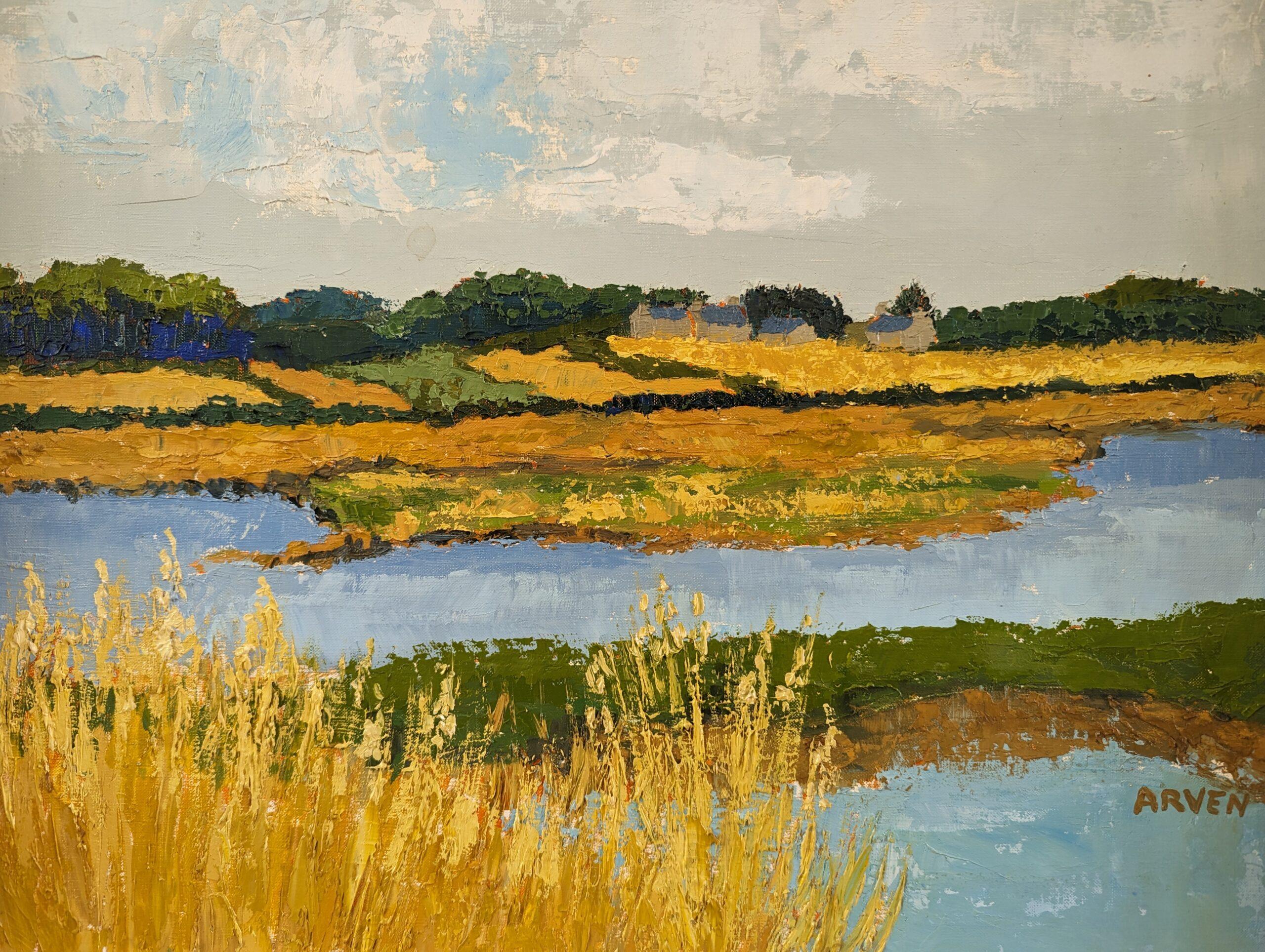 Vintage Mid-Century Modern Landscape Framed Oil Painting - Golden Lake in vendita 6