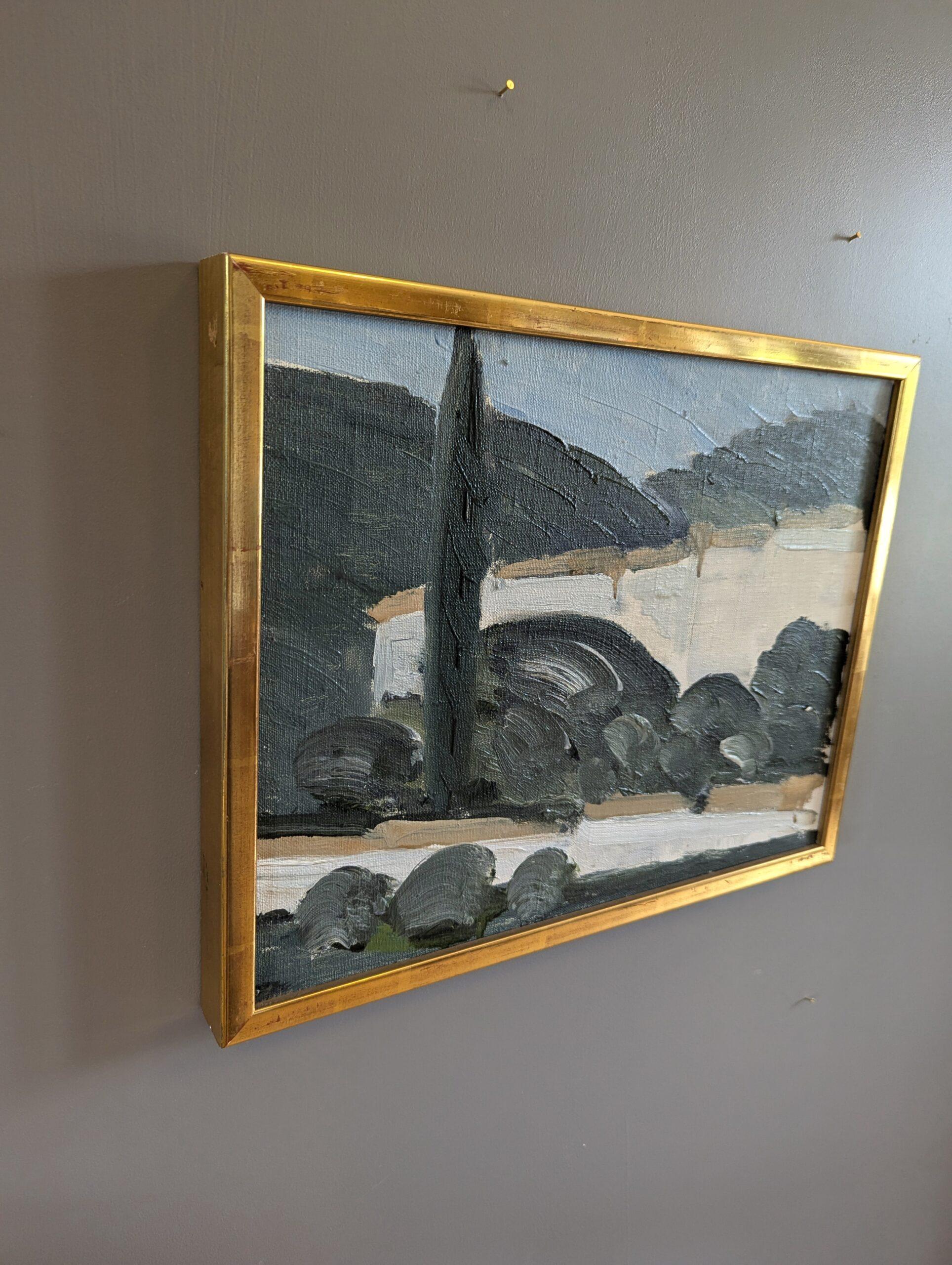 VISTA GRECIA
Dimensioni: 29,5 x 37,5 cm (cornice inclusa)
Olio su tela

Una composizione astratta di metà secolo, piccola ma di grande impatto, raffigurante un paesaggio greco, dipinta a olio su tela.

Il dipinto raffigura una vista semplificata di