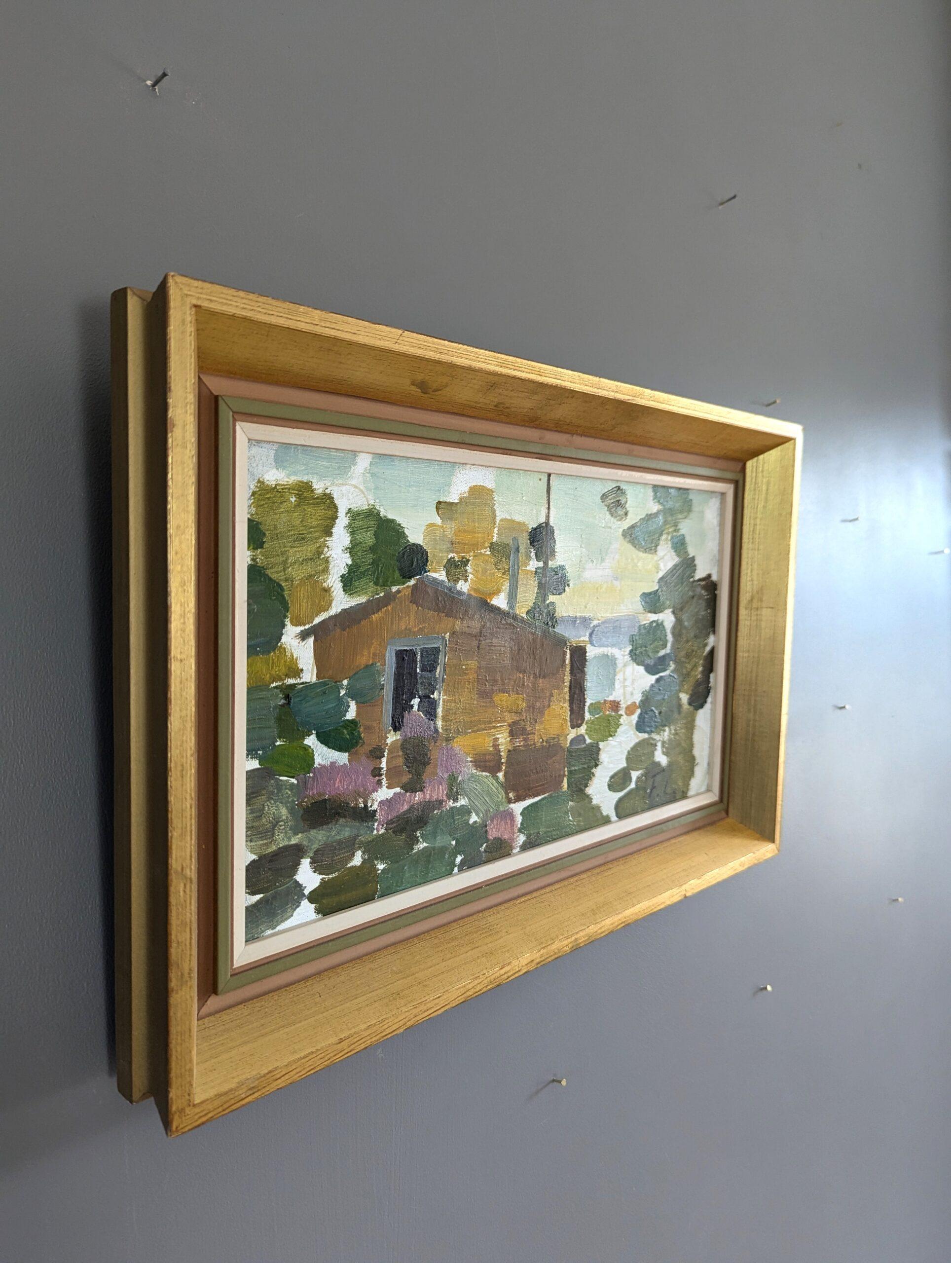 Vintage Mid-Century Modern Landscape Framed Oil Painting - Hidden Retreat 1
